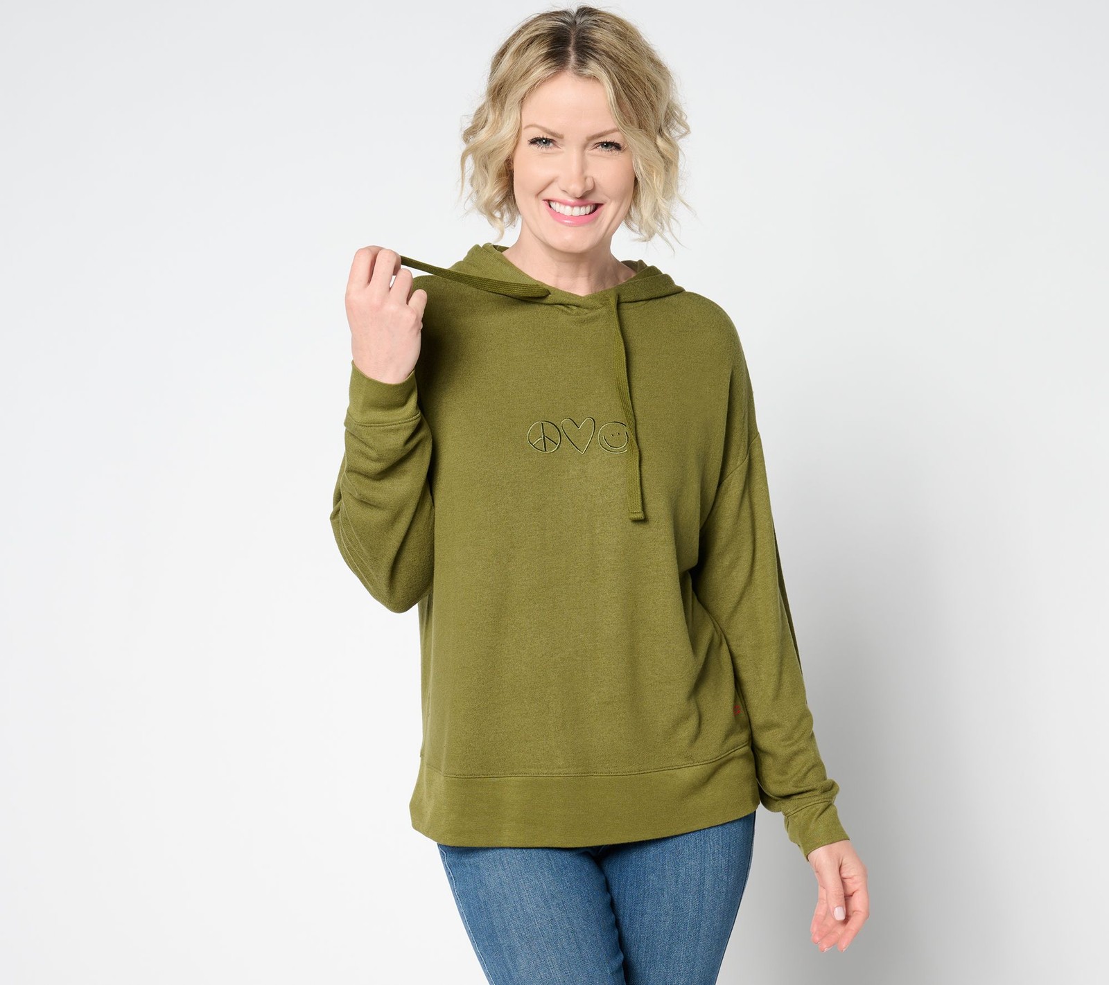 Peace Love World Comfy Hooded Long Sleeve Sweatshirt Jungle Olive L New