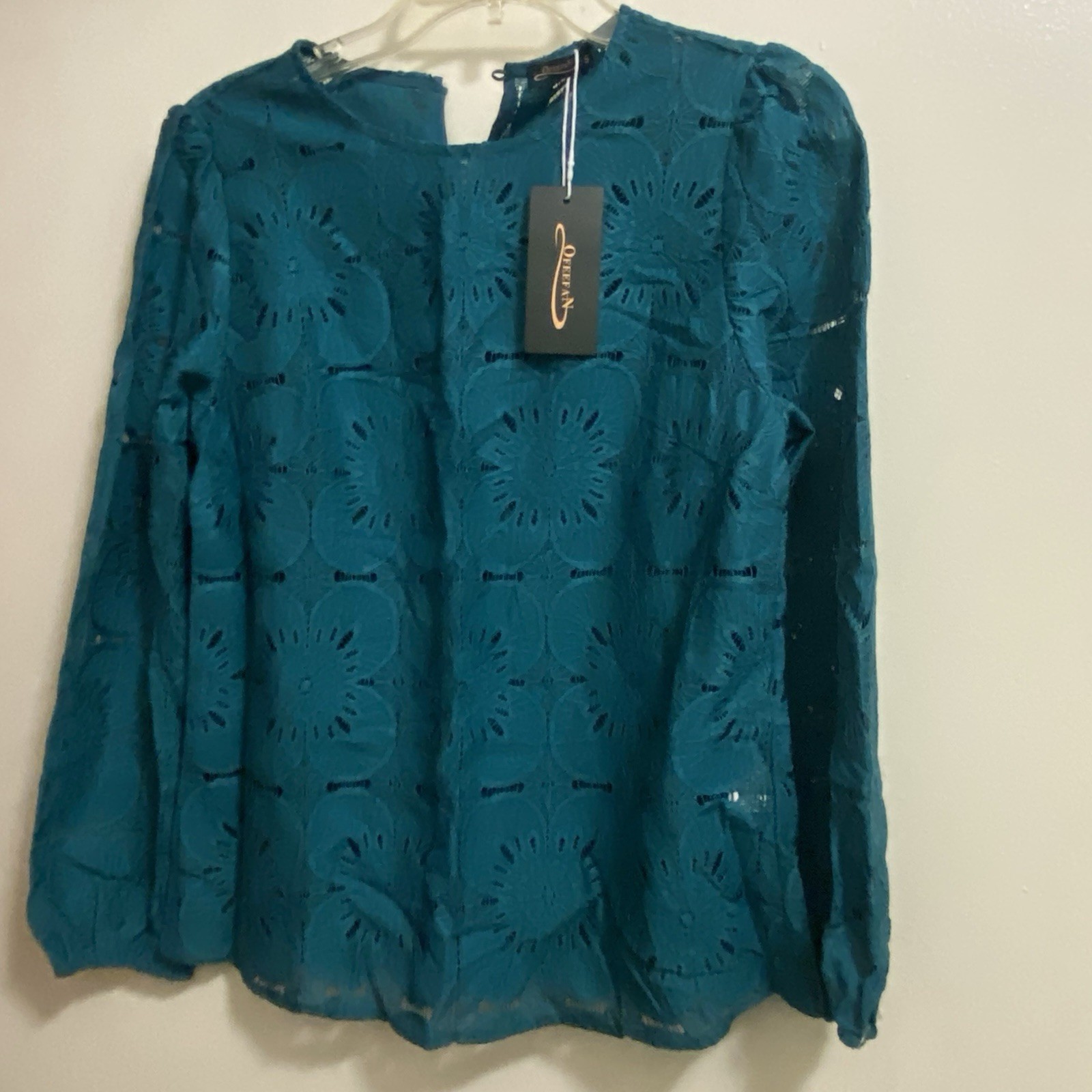 Ofeefan Womens Teal Green Sheer All Lace Blouse S Small 36” Long Sleeve NWT New
