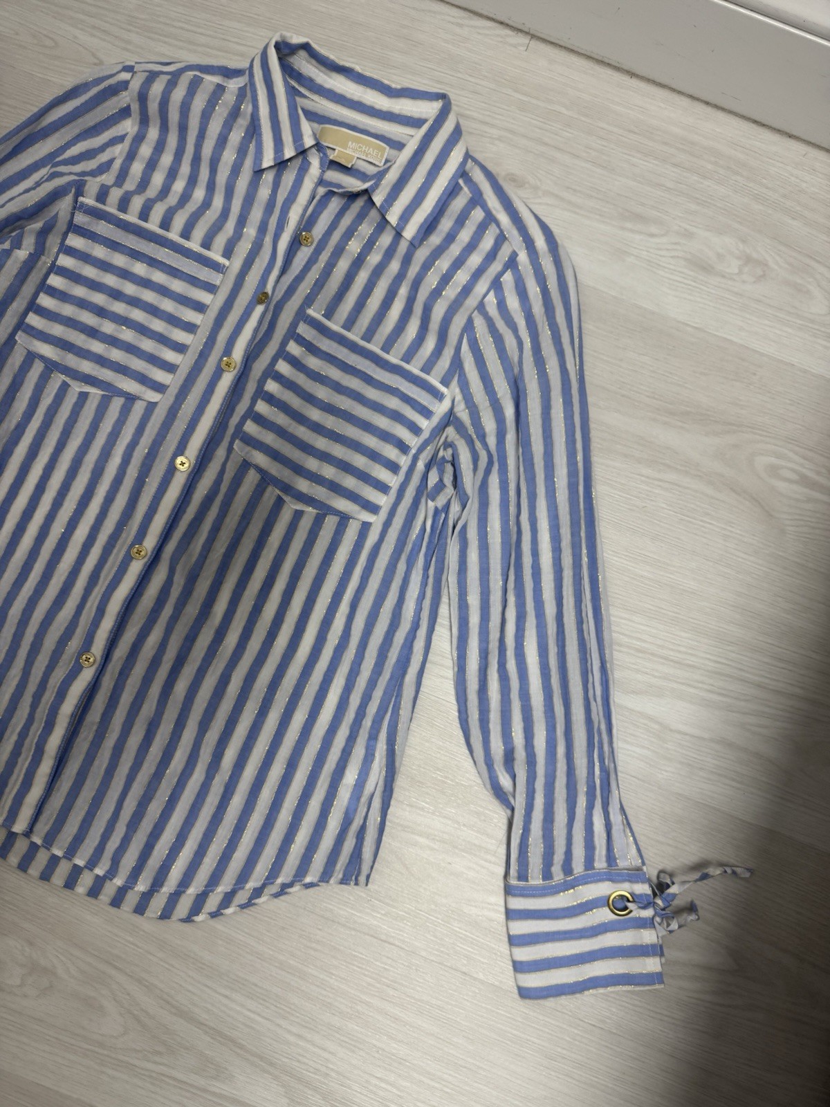 Michael Kors Blue & White Striped Gold Style Long Sleeve Button Up Women’s S