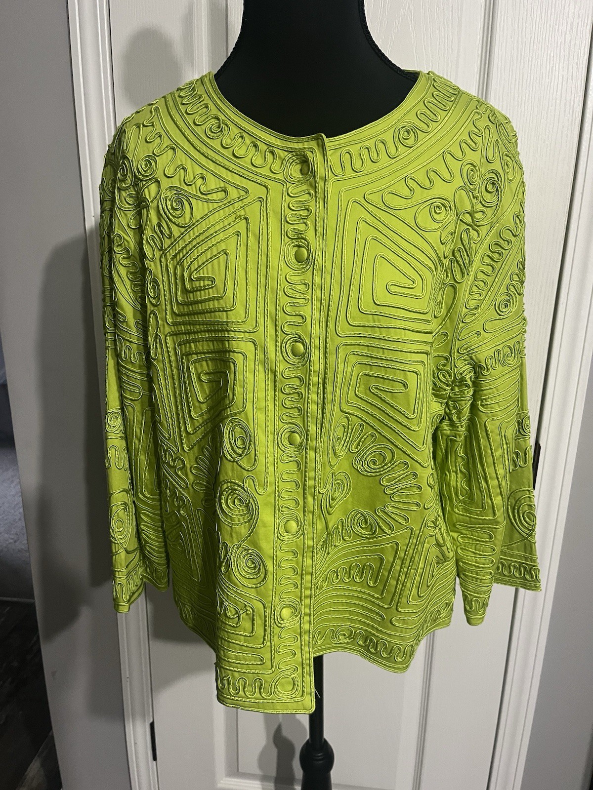 Joni B. Lime Green Textured Embroidered Button Down Jacket Petite Large
