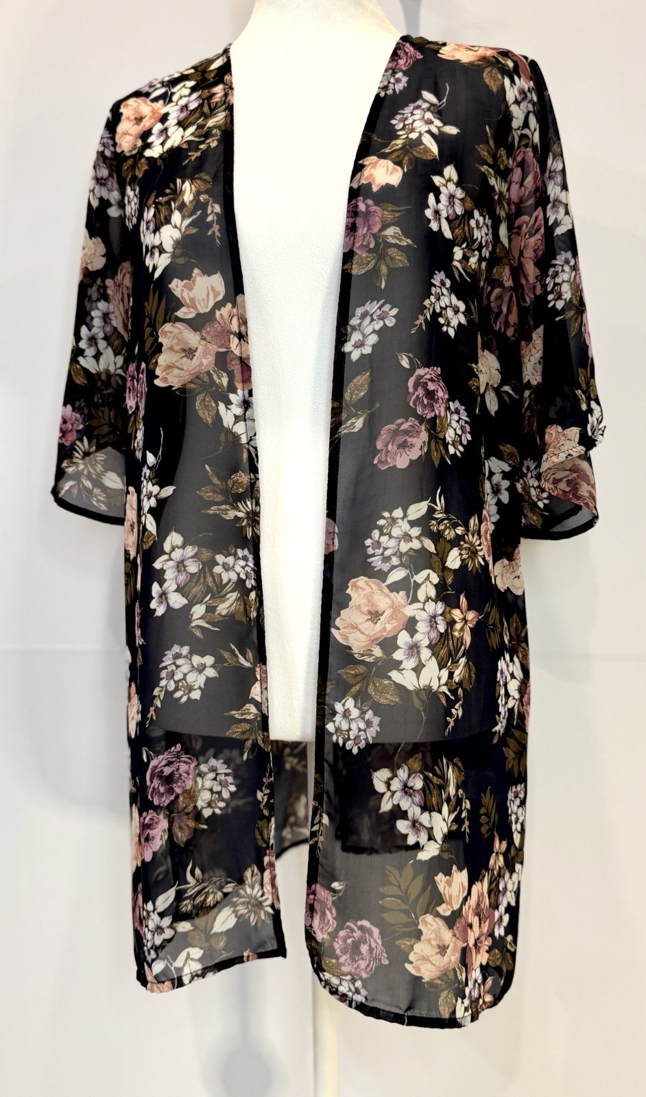 Kaleigh Women’s S Black Floral Sheer Kimono Open Front Duster Cardigan