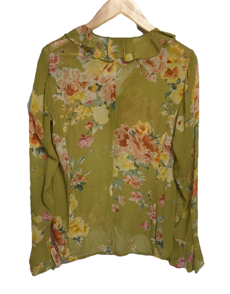 Linda Allard Ellen Tracy Silk Ruffle Sheer Floral Blouse Green Women’s Sz 12 Y2K