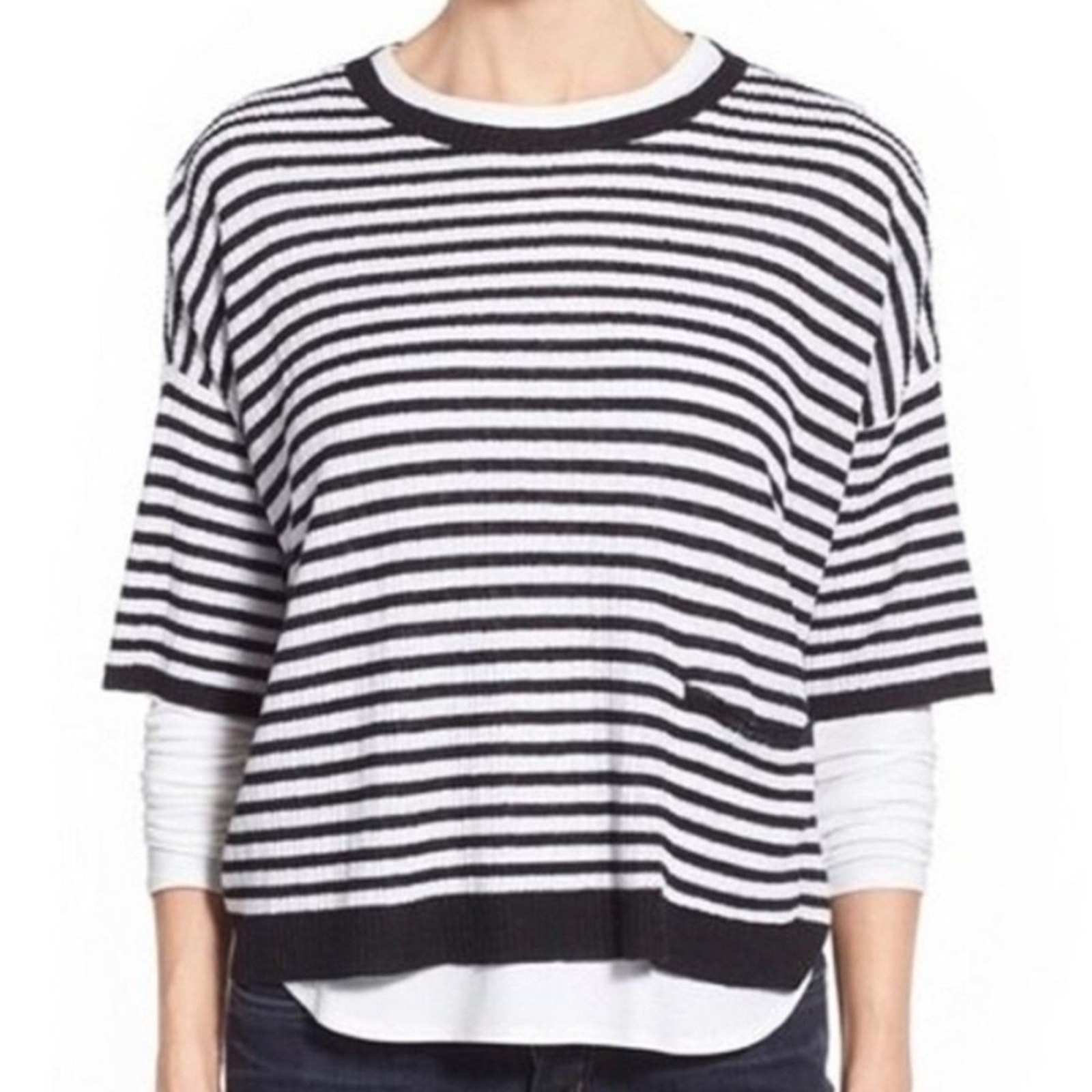 Eileen Fisher Rib Striped Organic Linen Boxy Short Sleeve Sweater