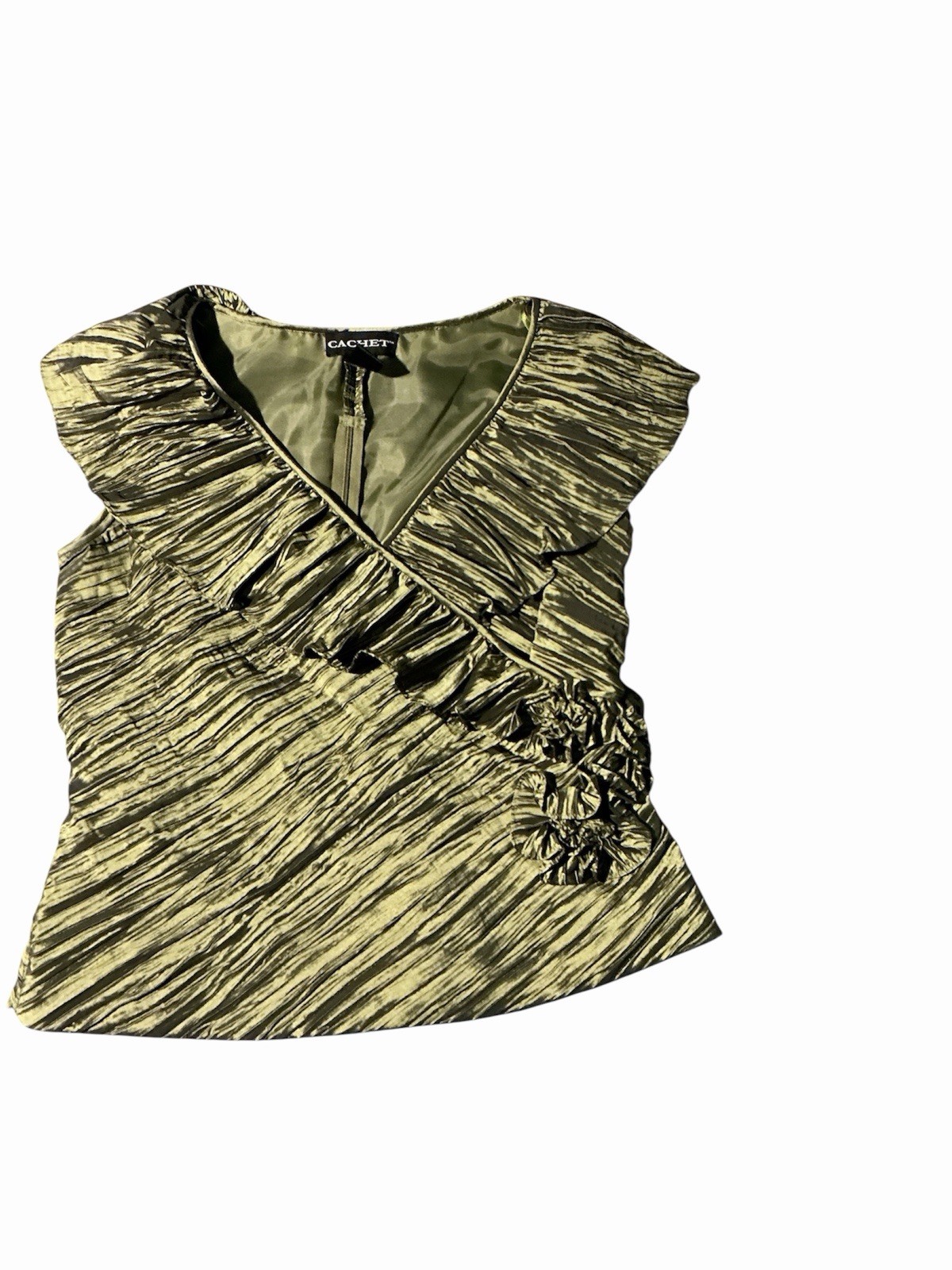 Cache Y2K Metallic Olive Green Ruffled Top V Neck Sleeveless Party Blouse 10
