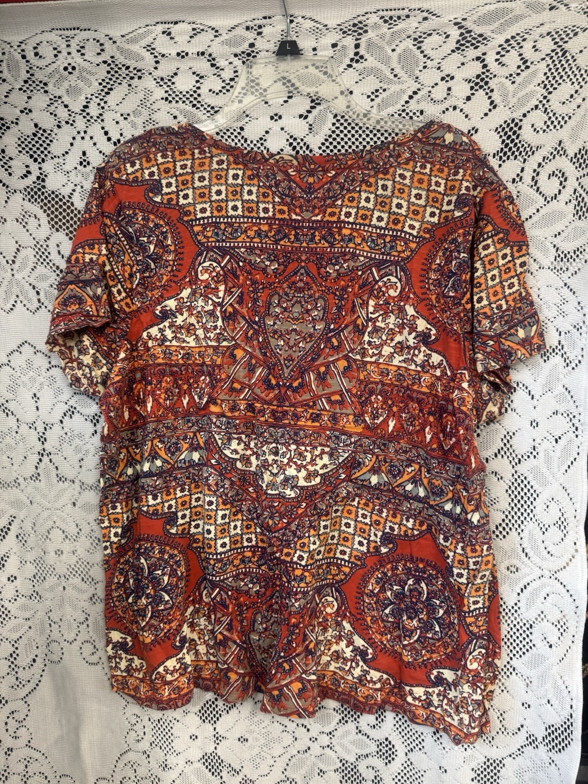 Lucky Brand Persian Carpet Tee 1X Boho Chic Colorful Office Festival Scoop Neck