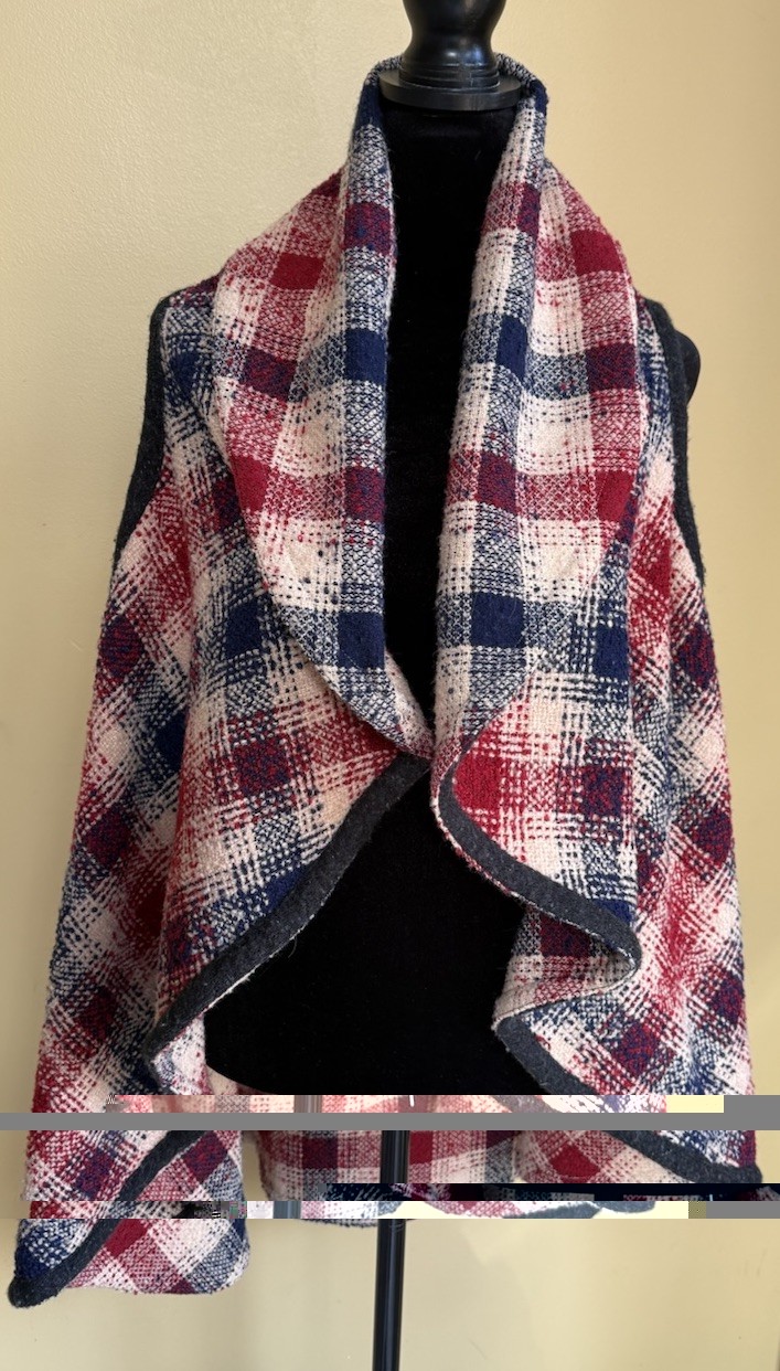 Hazel Anthro Shawl Collar Blanket Wrap Plaid Vest Boho Art To Wear Sz S