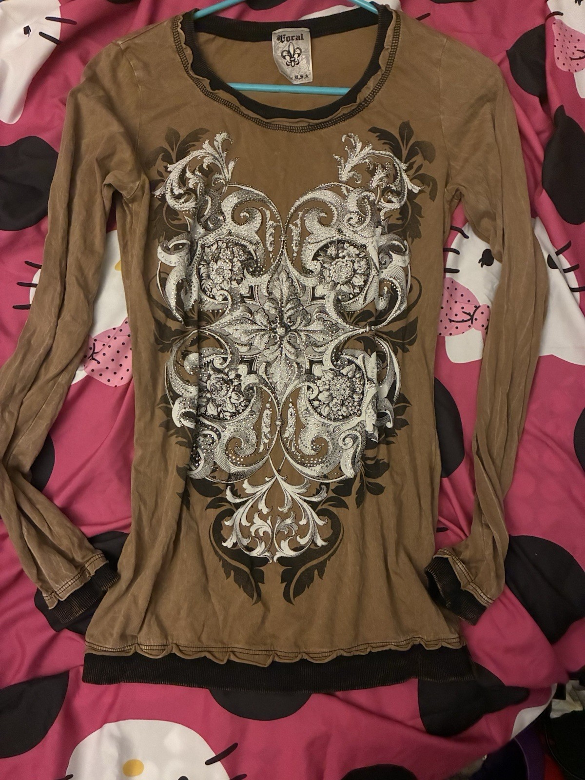 Y2k Vocal Brown Rhinestone Graphic Long Sleeve Scoop Neck T-Shirt Womens S