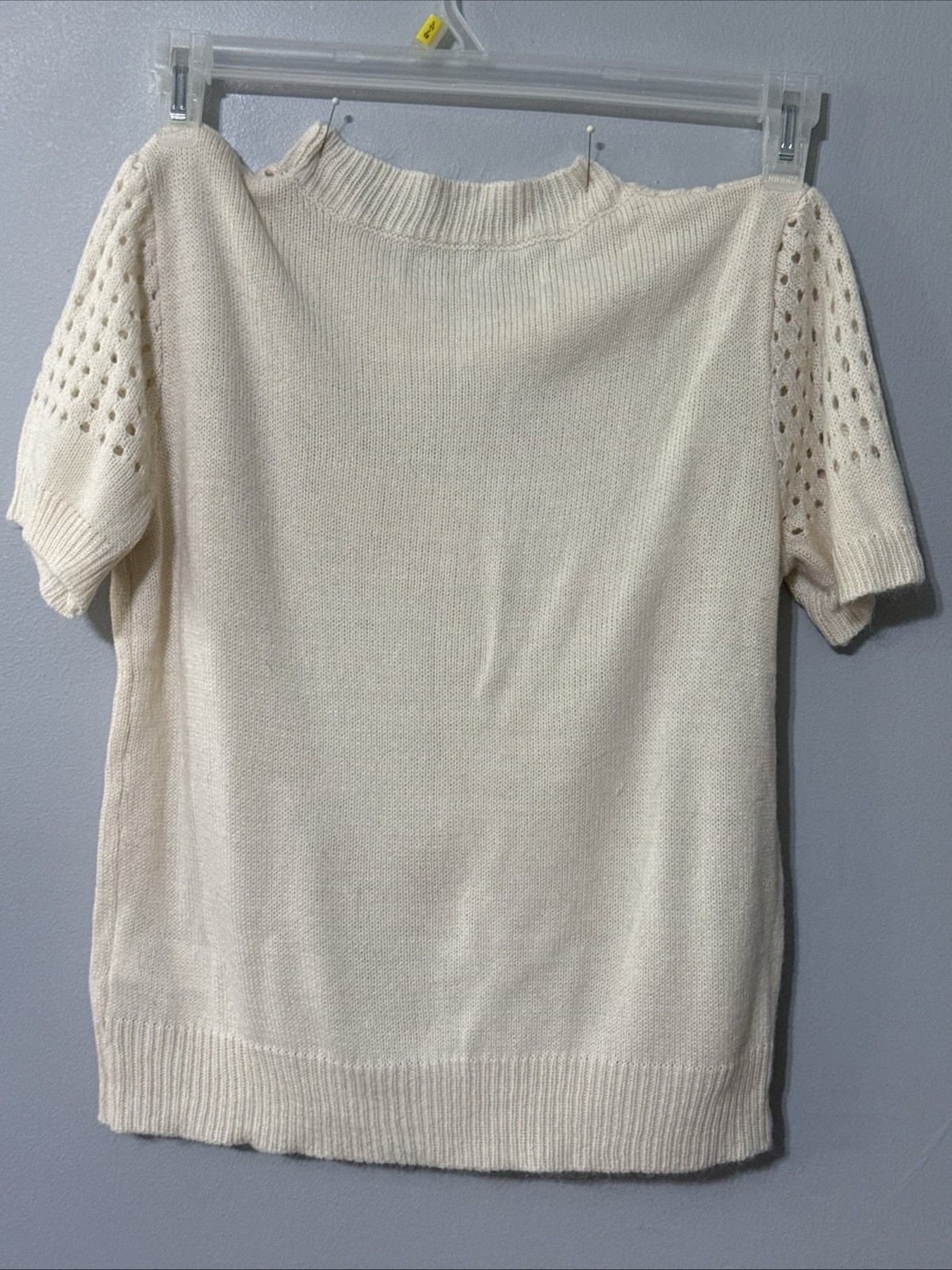 SHEIN Cream Pointelle Knit Sweater Top Short Sleeve Open Knit Yoke 100% Acrylic