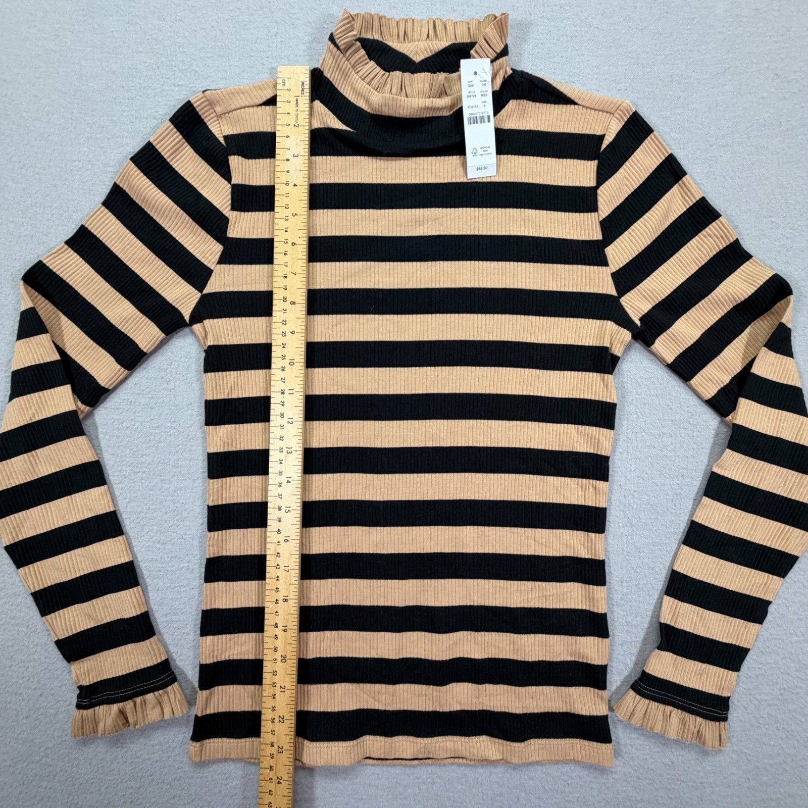 J.Crew Womens Top NWT Slim Camel Black Striped Ruffle Neck Long Sleeve S