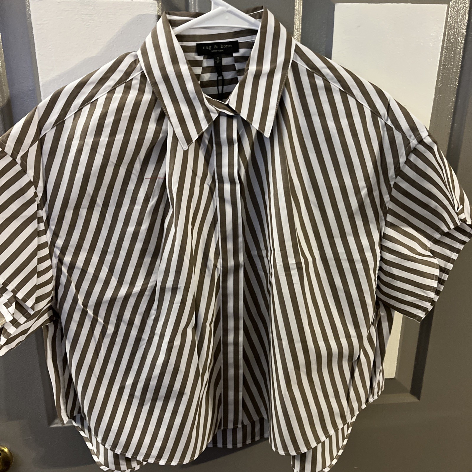 RAG & BONE MAURA COTTON POPLIN SS Brown/White Striped SHIRT SMALL. NWT