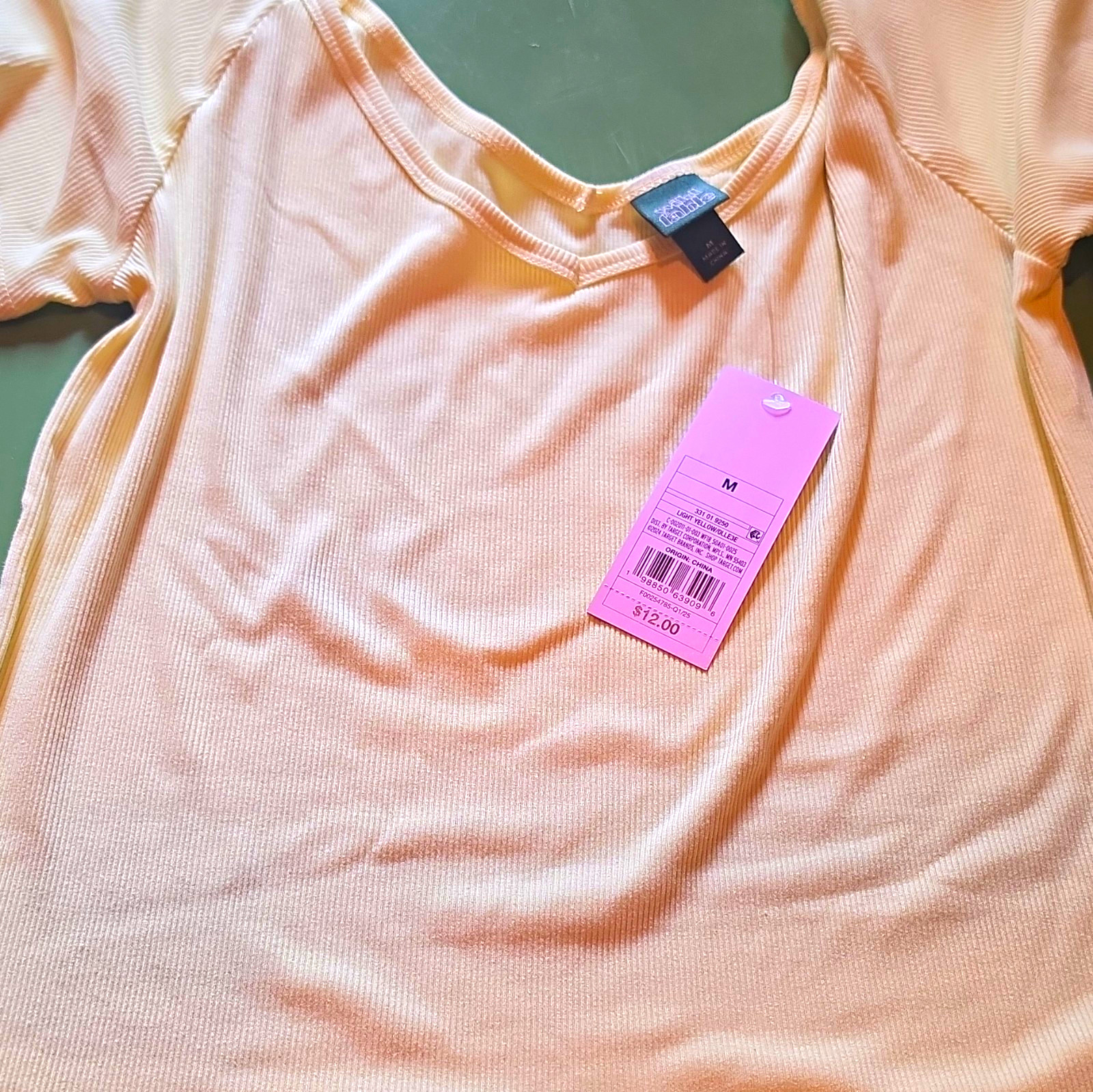 Wild Fable Yellow Ribbed Knit V-Neck Short Sleeve Slim Fit Stretch Tee M