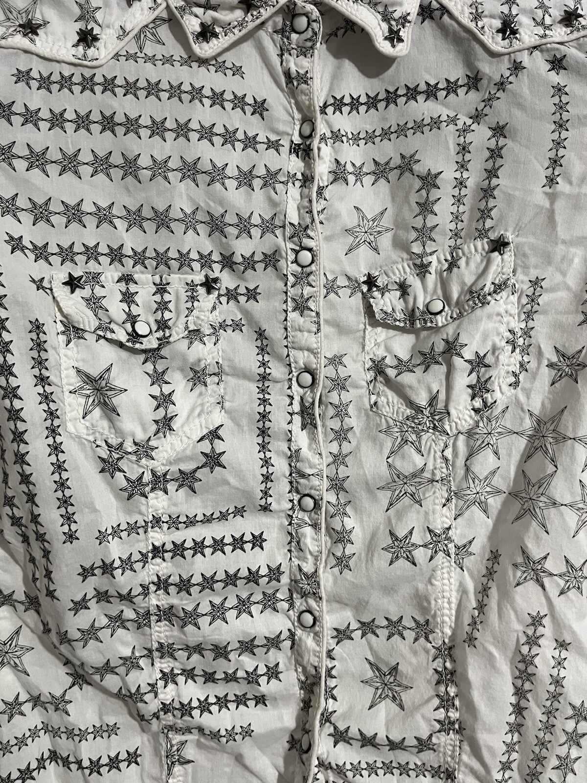 GUESS Off-white Trendy & Stylish Stars Studded Casual Shirt Snap Size UK 4 EU 32