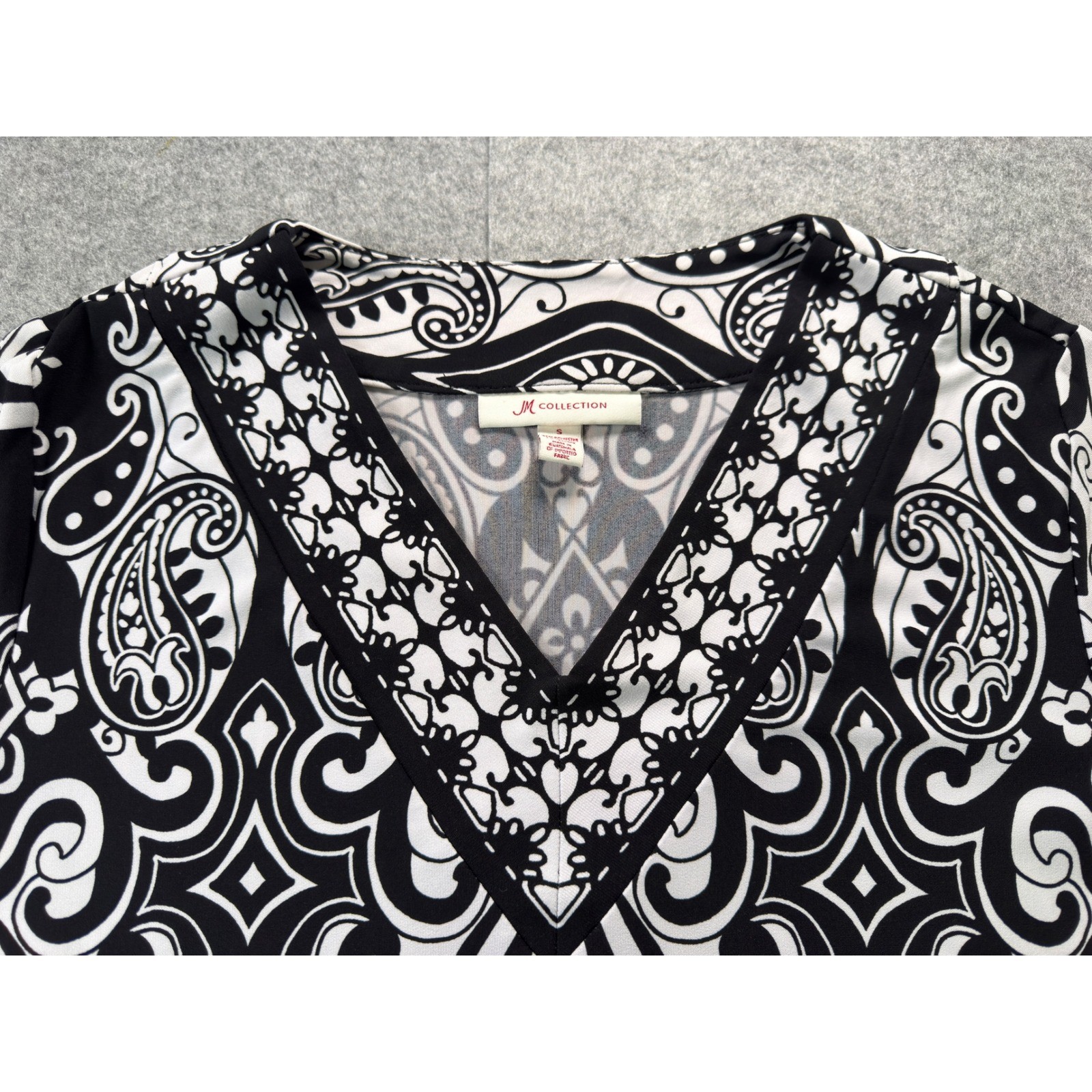 JM Collection Tunic Top Women Size S Black White Paisley V-Neck 3/4 Sleeve Boho