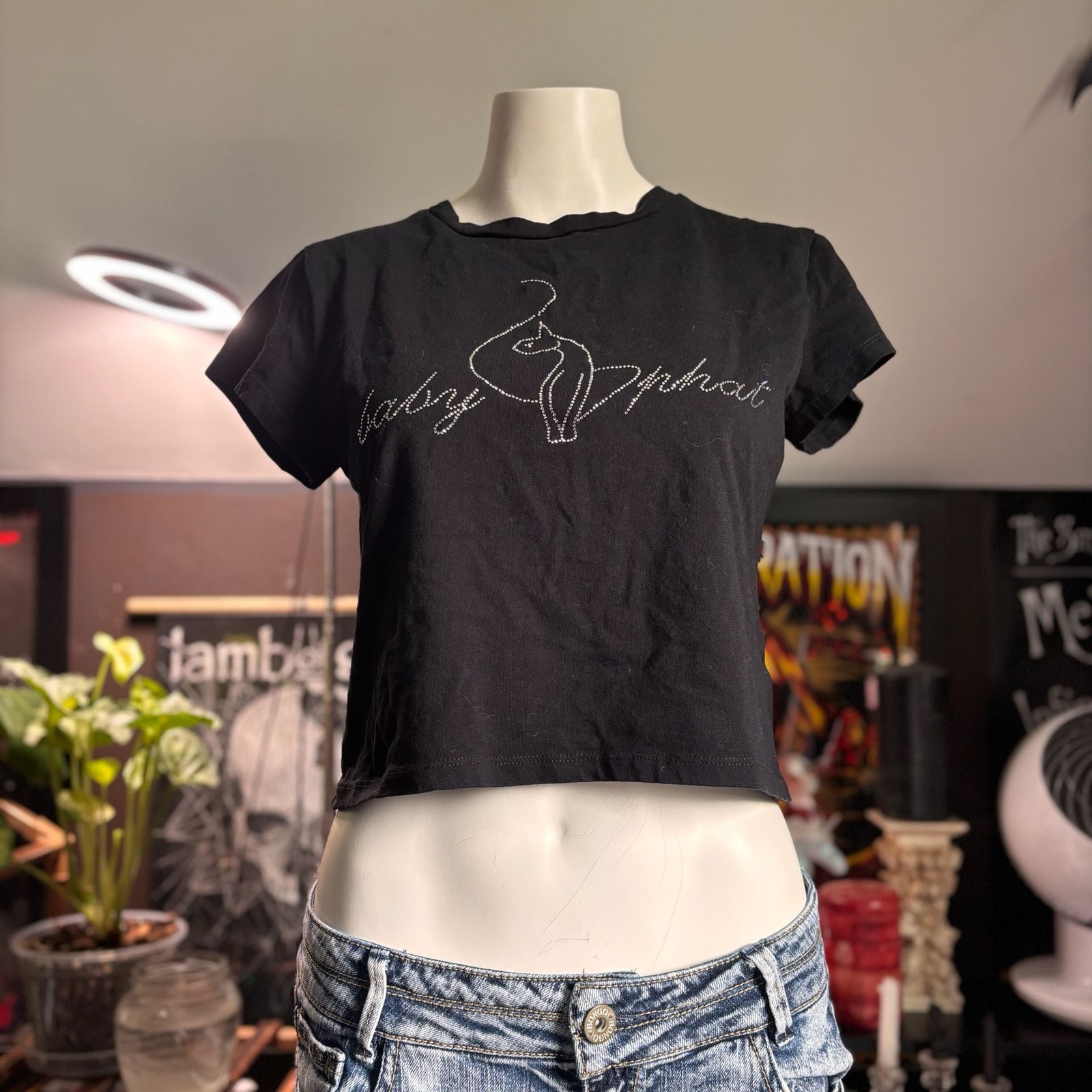 Baby Phat Black Rhinestone Logo Graphic Crop T-Shirt