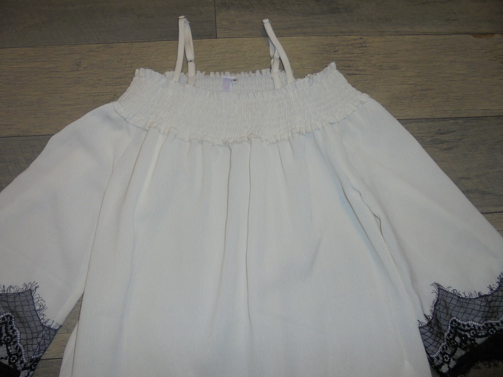 Pink Blush ivory and black lace off the shoulder blouse size S