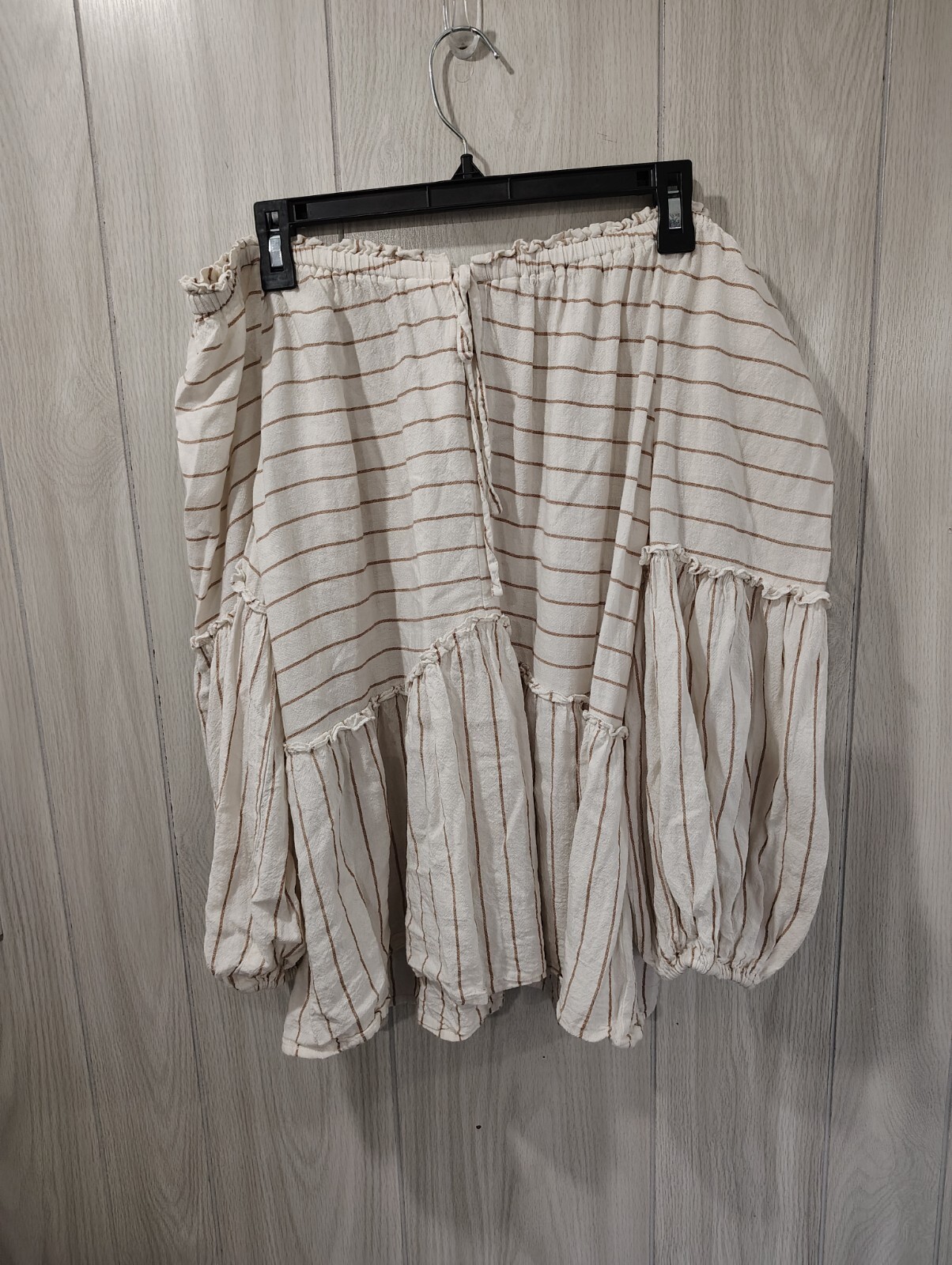 Est 1946 Off The Shoulder Striped Bishop Sleeve Top Tie Front Rayon Linen XL