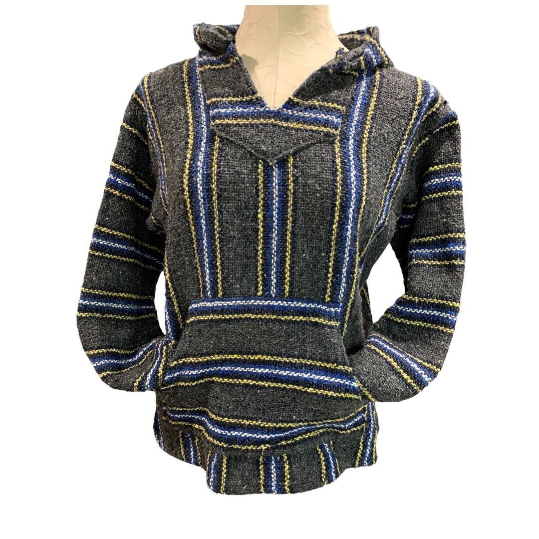 Small Unbranded Women’s Baja Shirt Dark Gray Blue Yellow Pullover