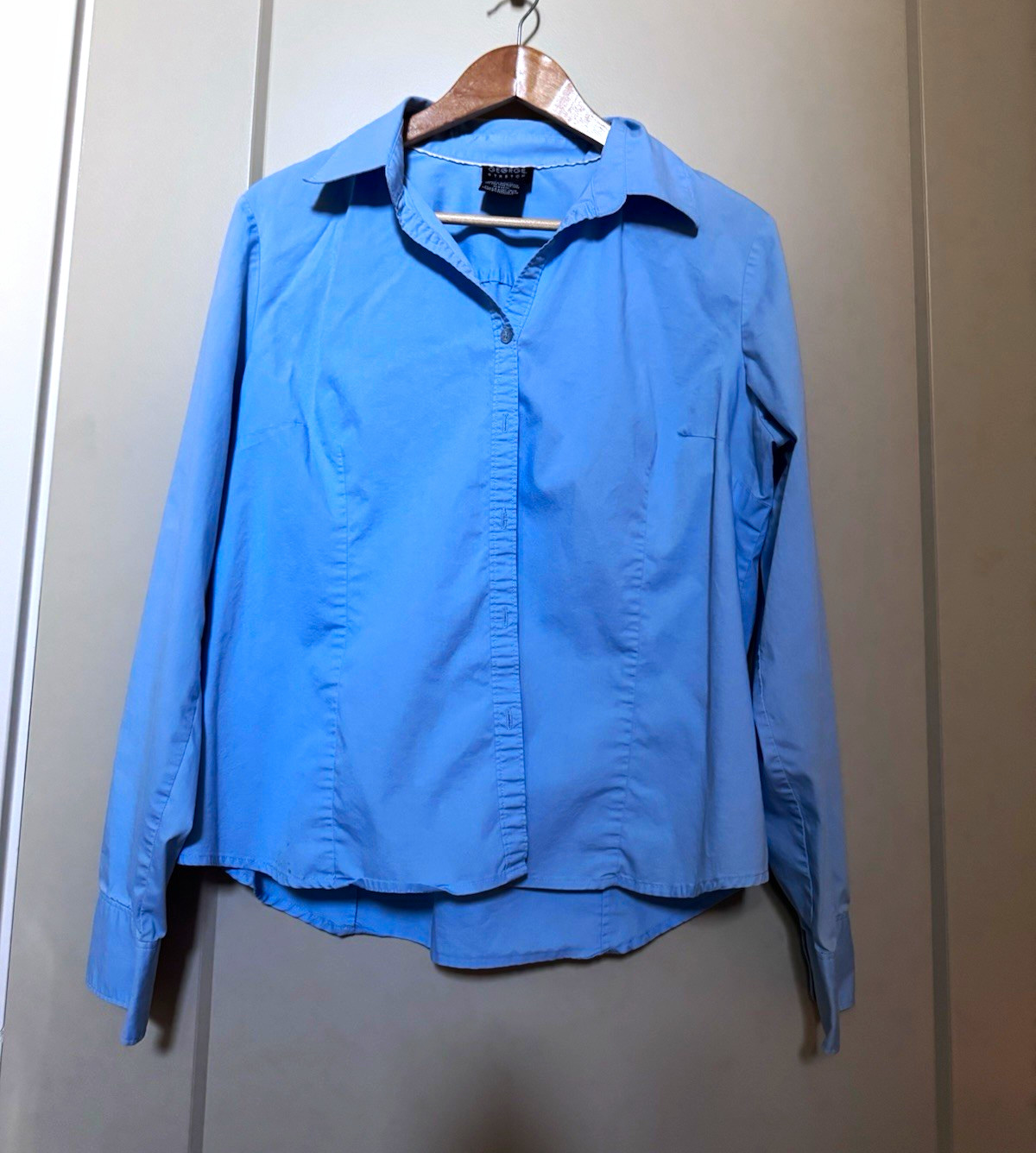 George Blue Solid Collared Long Sleeve Button-Up Stretch Blouse XL (16/18)