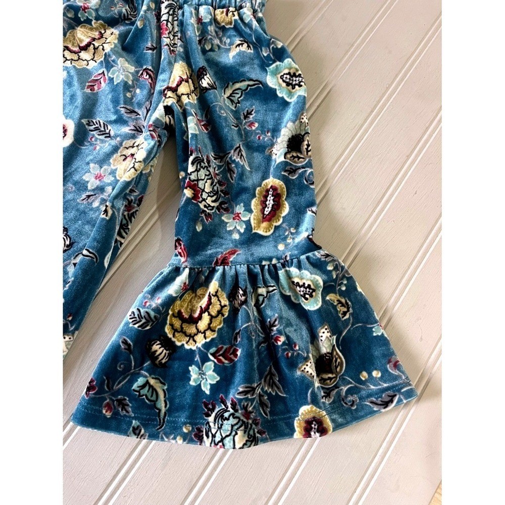 Current + Project Floral Bell Sleeve Off Shoulder Velvet Top Womens Small Blue