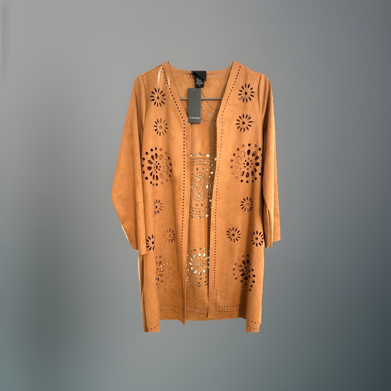 Faux suede jacket blazer top cardigan lightweight brown cutout western boho S