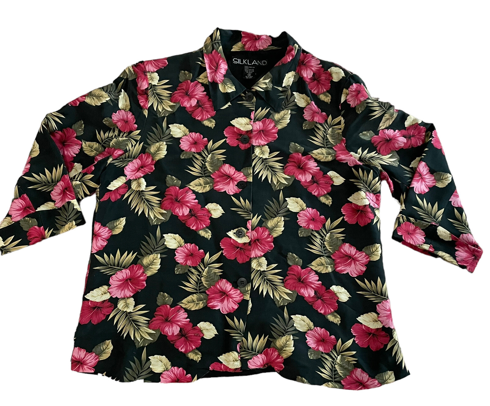 Silk Land Shirt Women Blouse Size 14 Pure Silk Hawaii Floral Short Sleeve