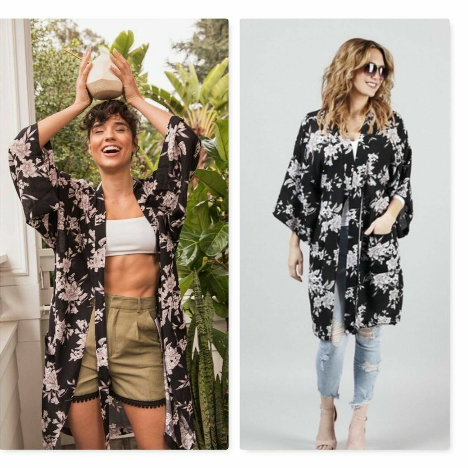 Spiritual Gangster Kimono Maya Floral Cover-up Sarong Black Tie One Size Pockets