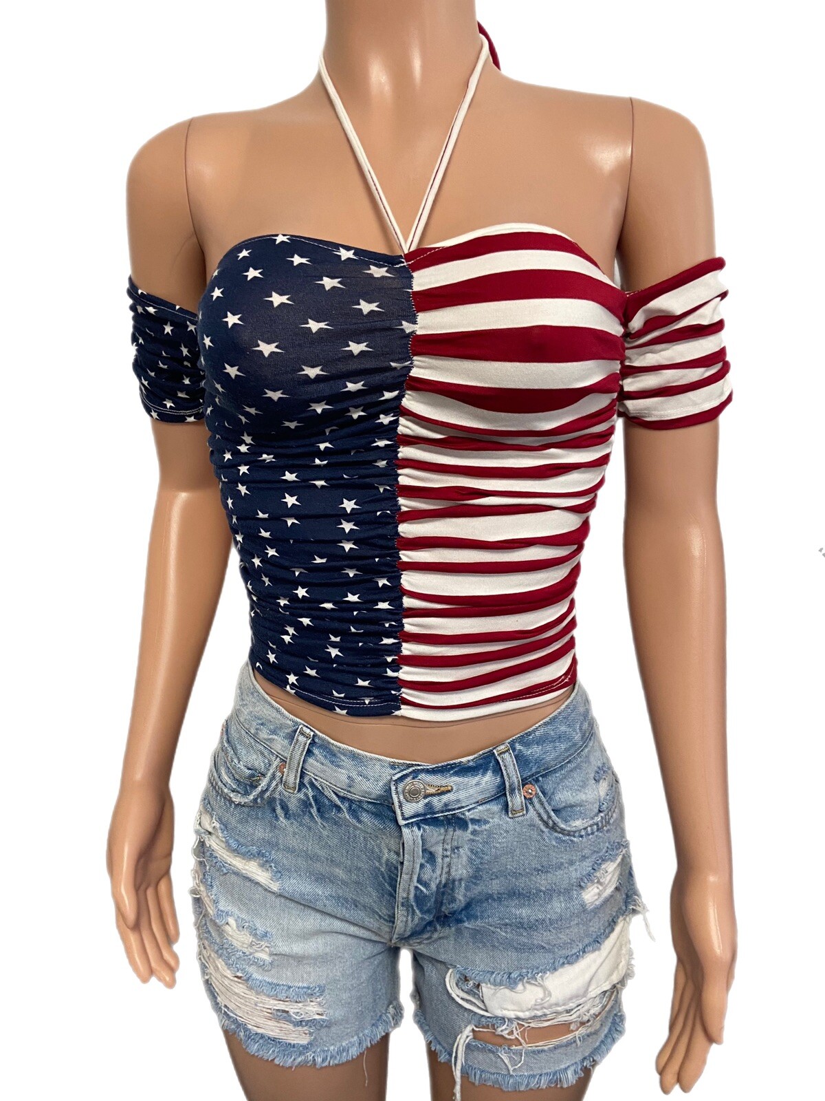 Stars Stripes American Flag USA Red White Blue Crop Top Patriotic Rave Festival