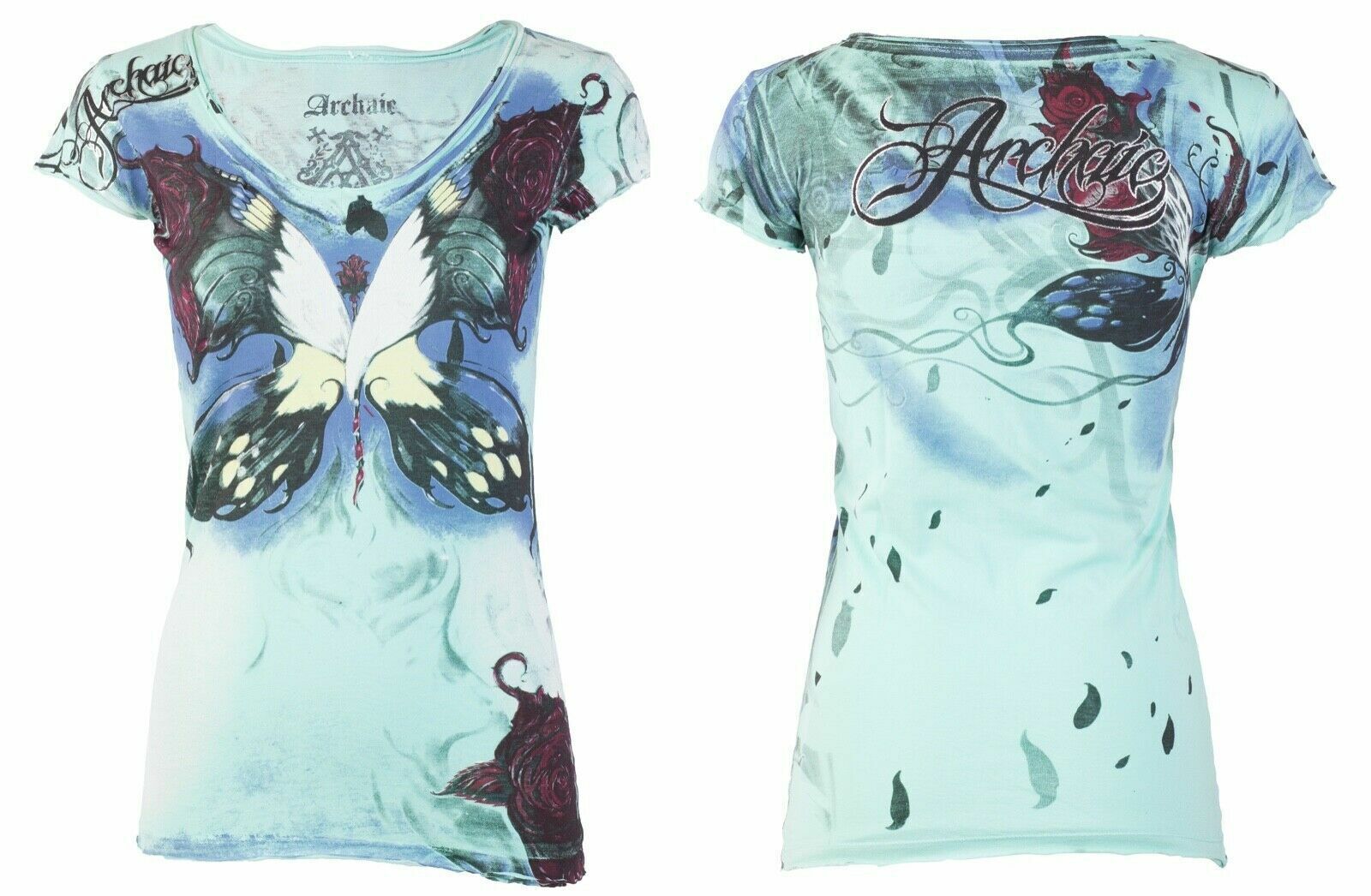 ARCHAIC by AFFLICTION Butterfly Long Goodbye Slim Fit Womens V-neck T-shirt S-XL