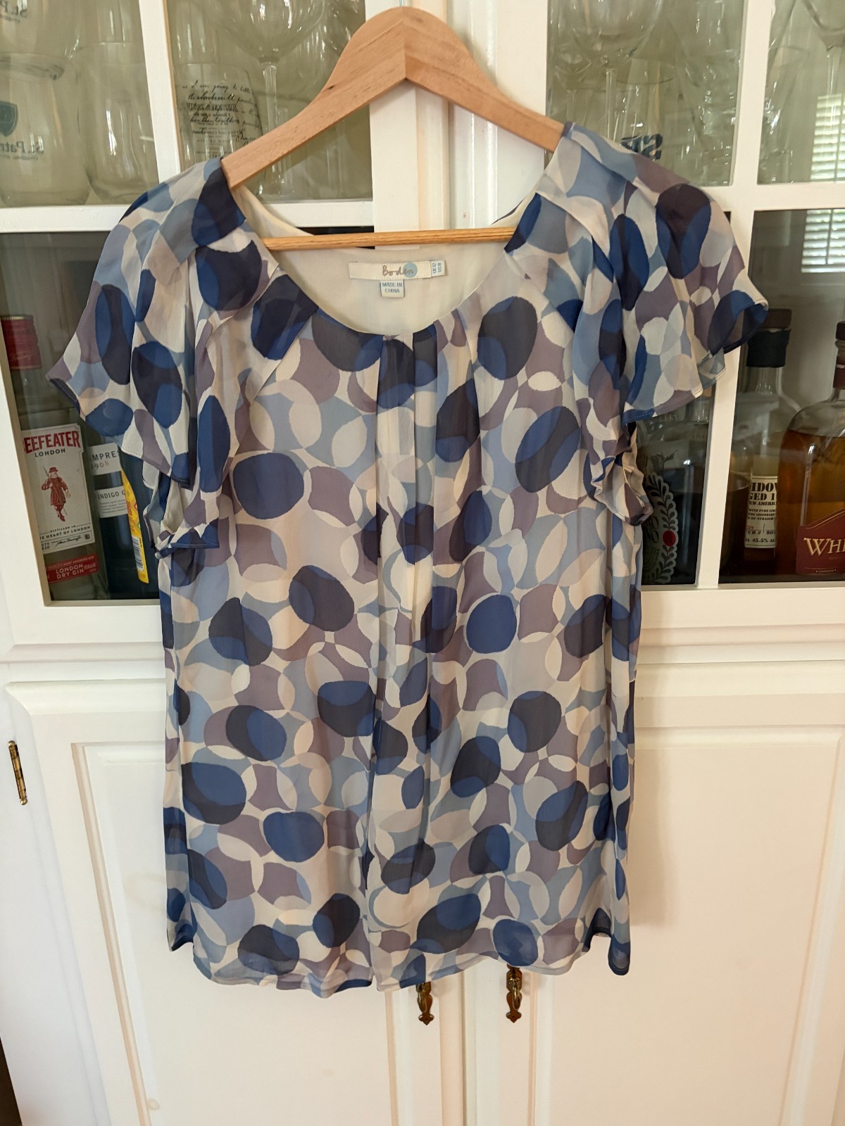 Boden Viscose Polka Dot Blouse Navy Light Blue White Short Sleeve Top US 8/UK 12