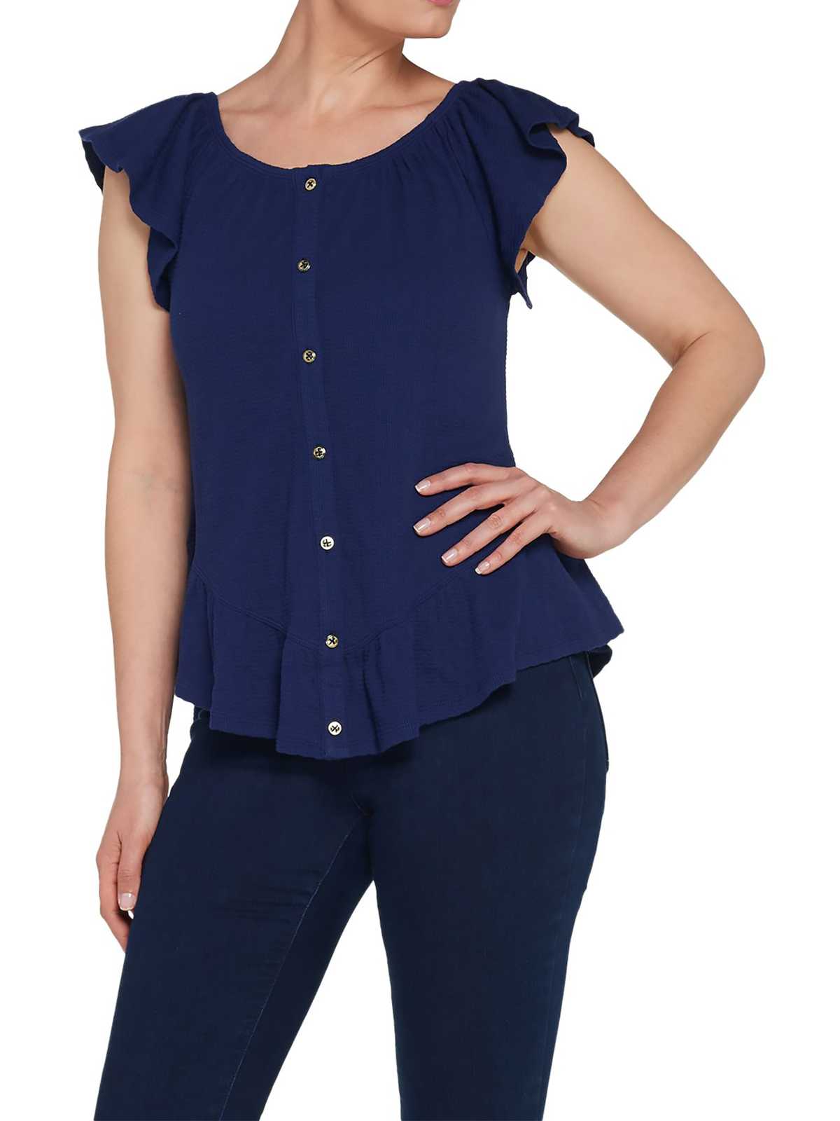DU JOUR Size M Button Front Textured Knit Top with Ruffle Detail BLACK