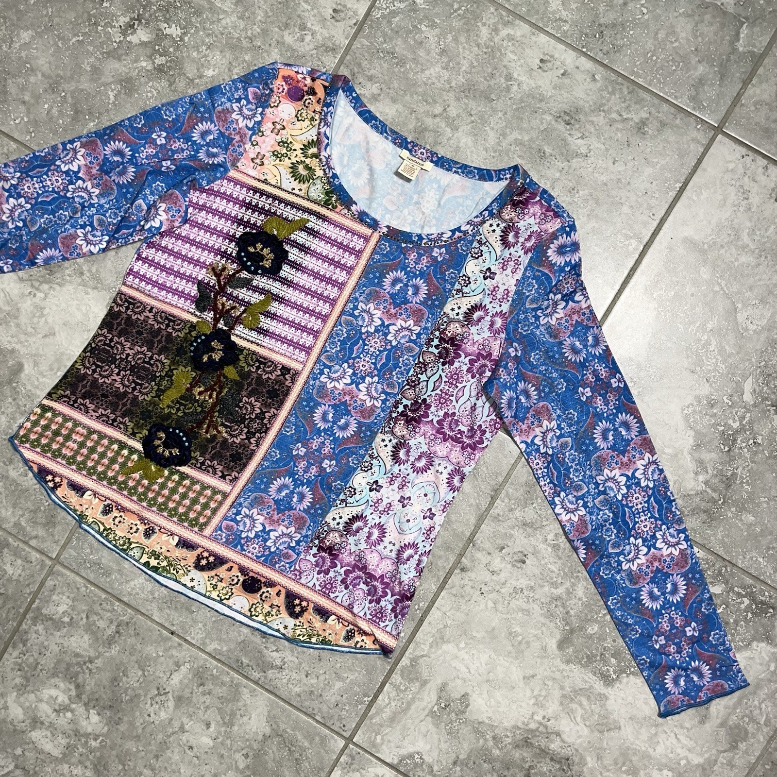 Sundance Poetic Patchwork Beaded Sequin Long Sleeve Floral Pullover Top Boho XL