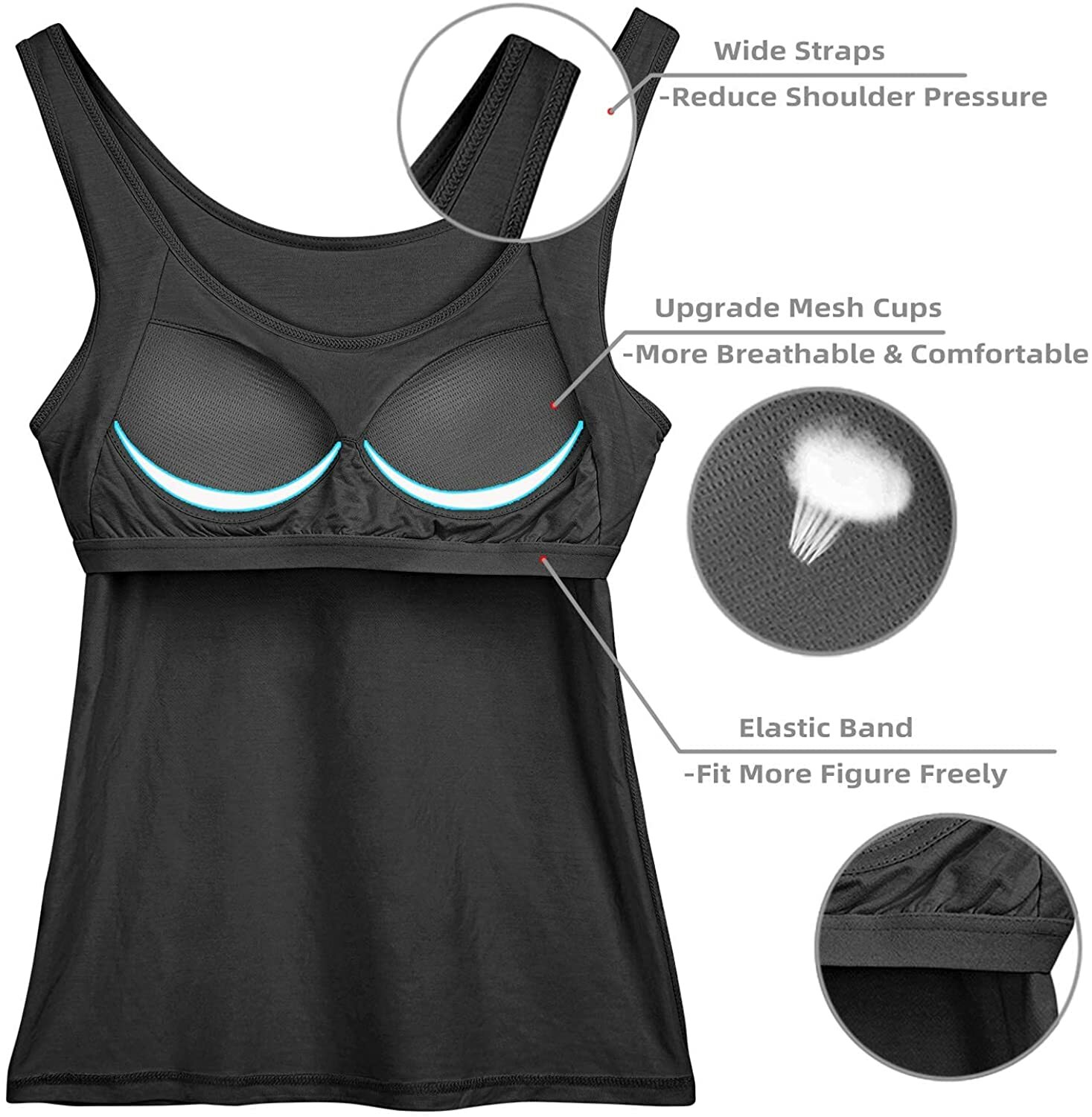 US Women Sleeveless Cami with Built in Bra Tummy Control Camisole Tank Tops Vest