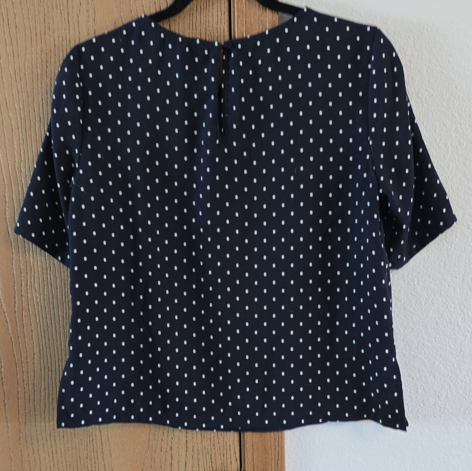 Dalia Navy Blue Polka Dot Short Sleeve Blouse Top Small Keyhole Back Side Slits