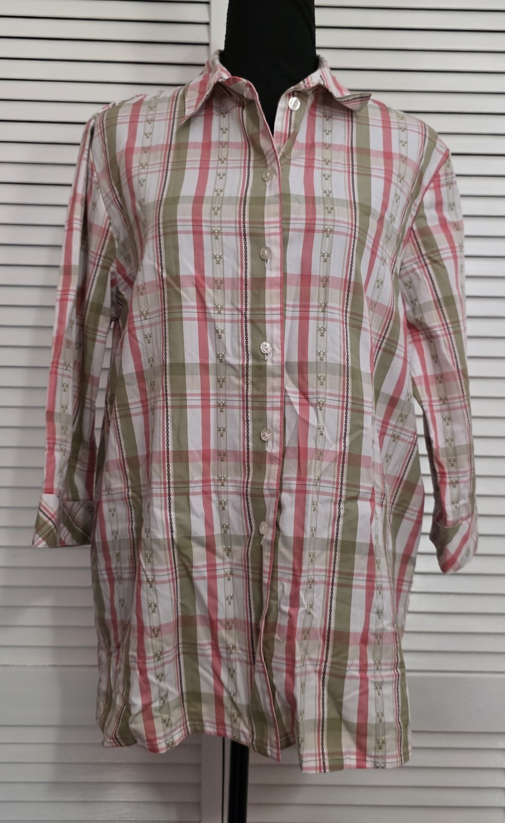 Women’s Alia Pink Green White Plaid Print 3/4 Sleeve Blouse Top Size 14 T105