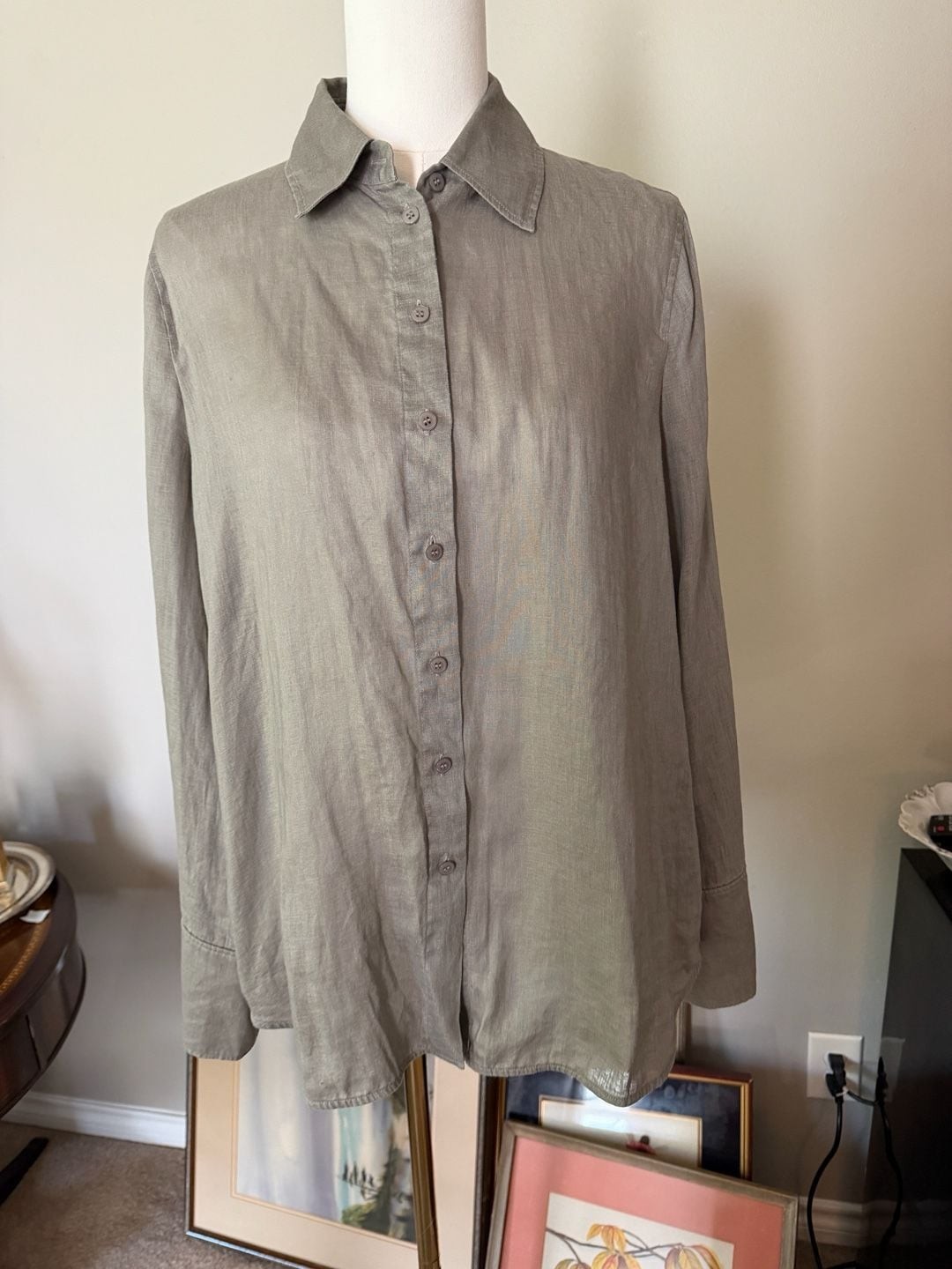 COS 100% Linen Gray Taupe Button Down Shirt Blouse Size