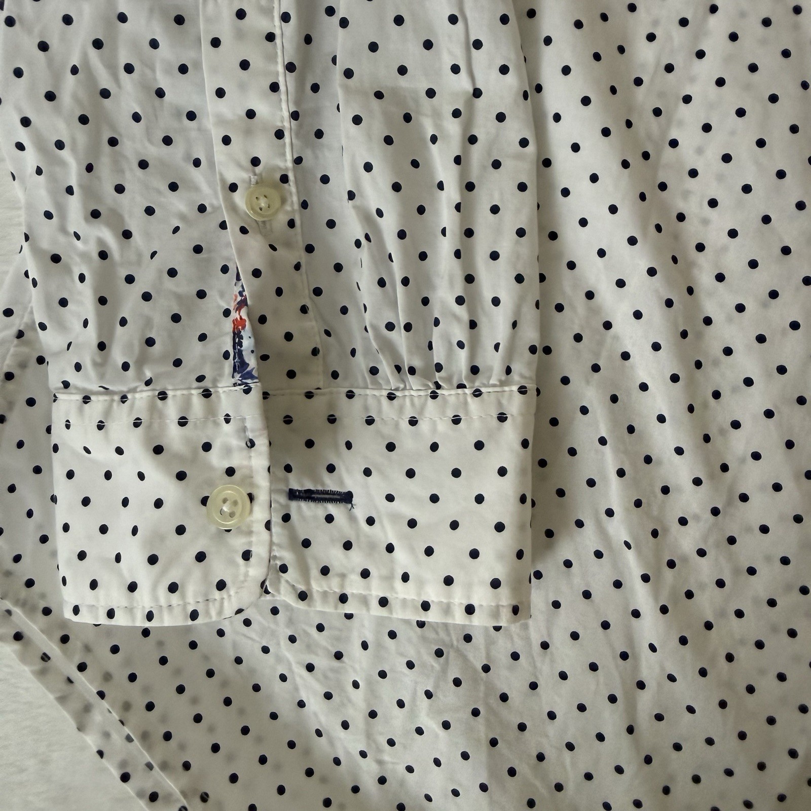 Talbots Womens L White Blue Polka Dot Collared Long Sleeve Ruffle Button Blouse