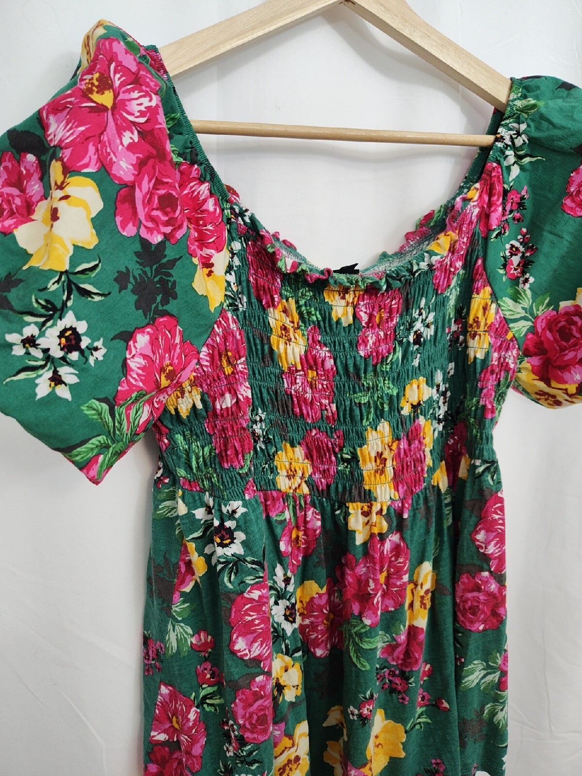 Torrid Blouse Women’s l or 12 Green Floral Smocked Bodice Baby Doll Cotton Blend