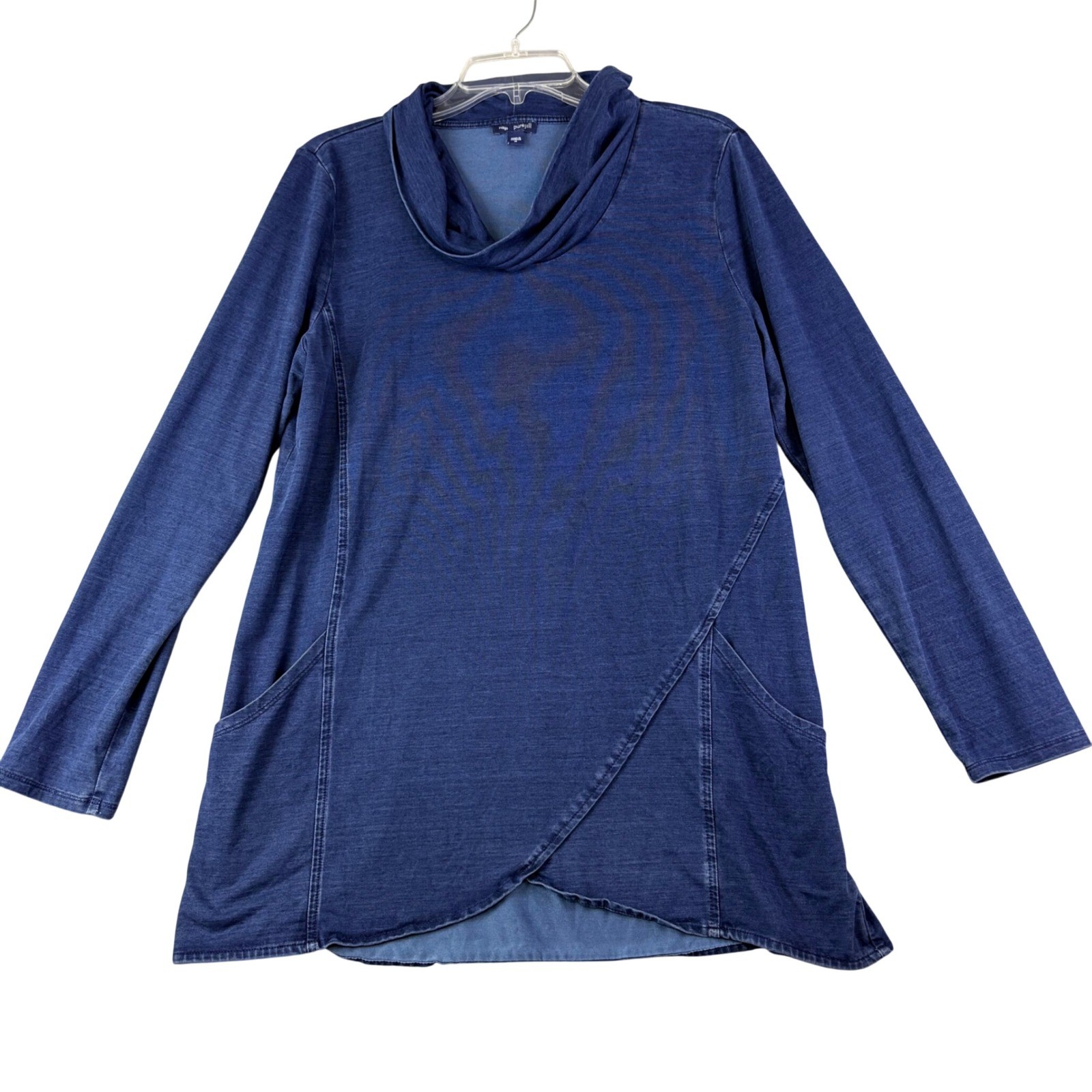 Pure Jill X Indigo M Blue Chambray Tunic Cowl Neck Asymmetric Pocket Lagenlook