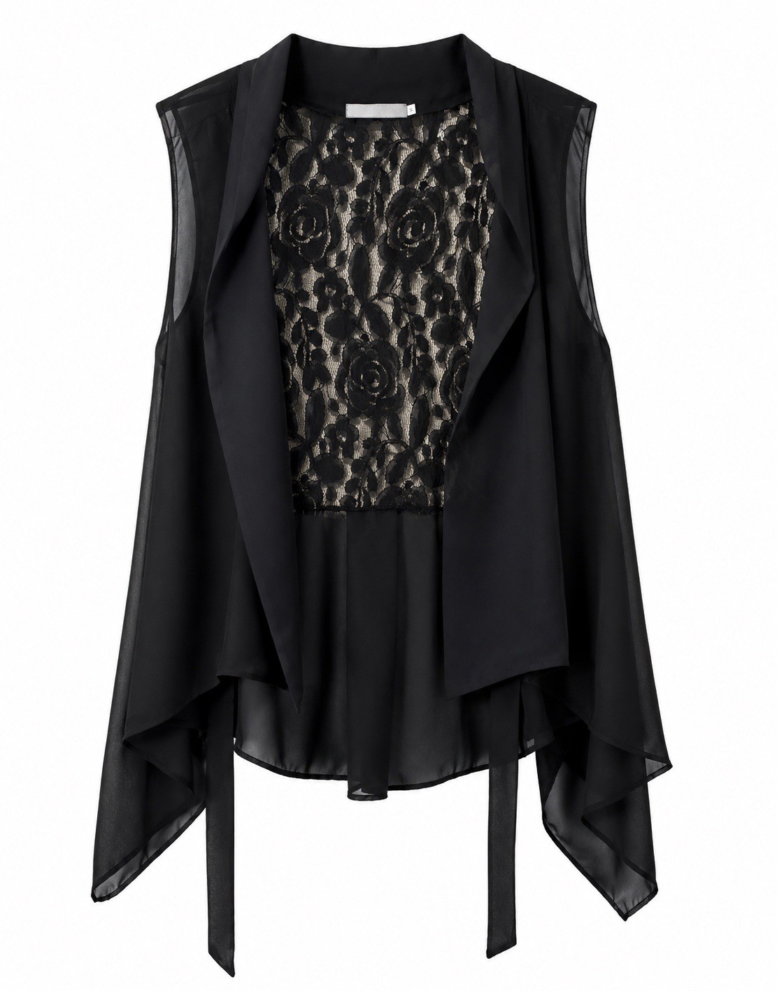 Black Open Front Chiffon Vest Lace Back Waterfall Drape Tie Waist Layering Top