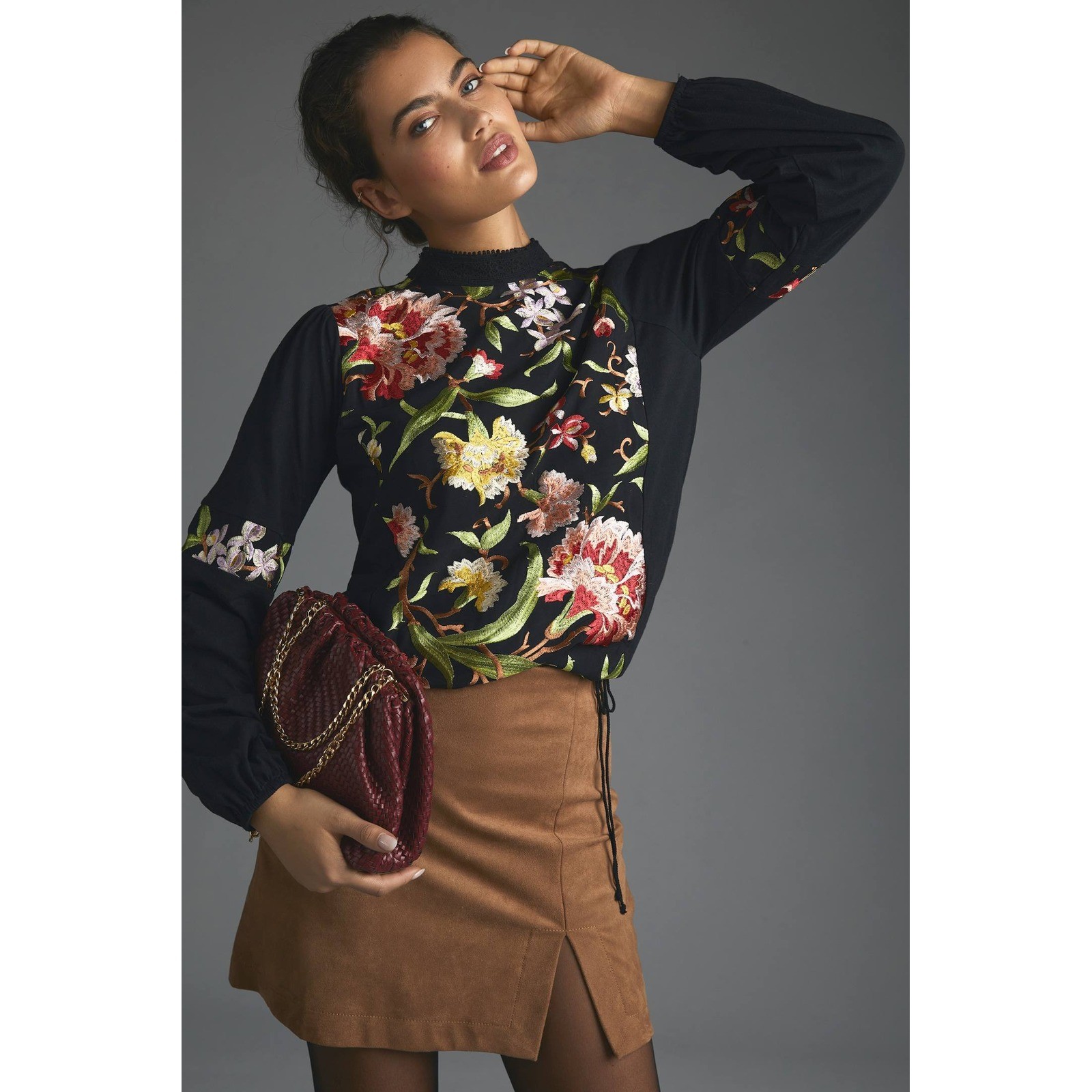 Anthropologie TINY Floral Embroidered Lace Neck Blouse Size XS NWT