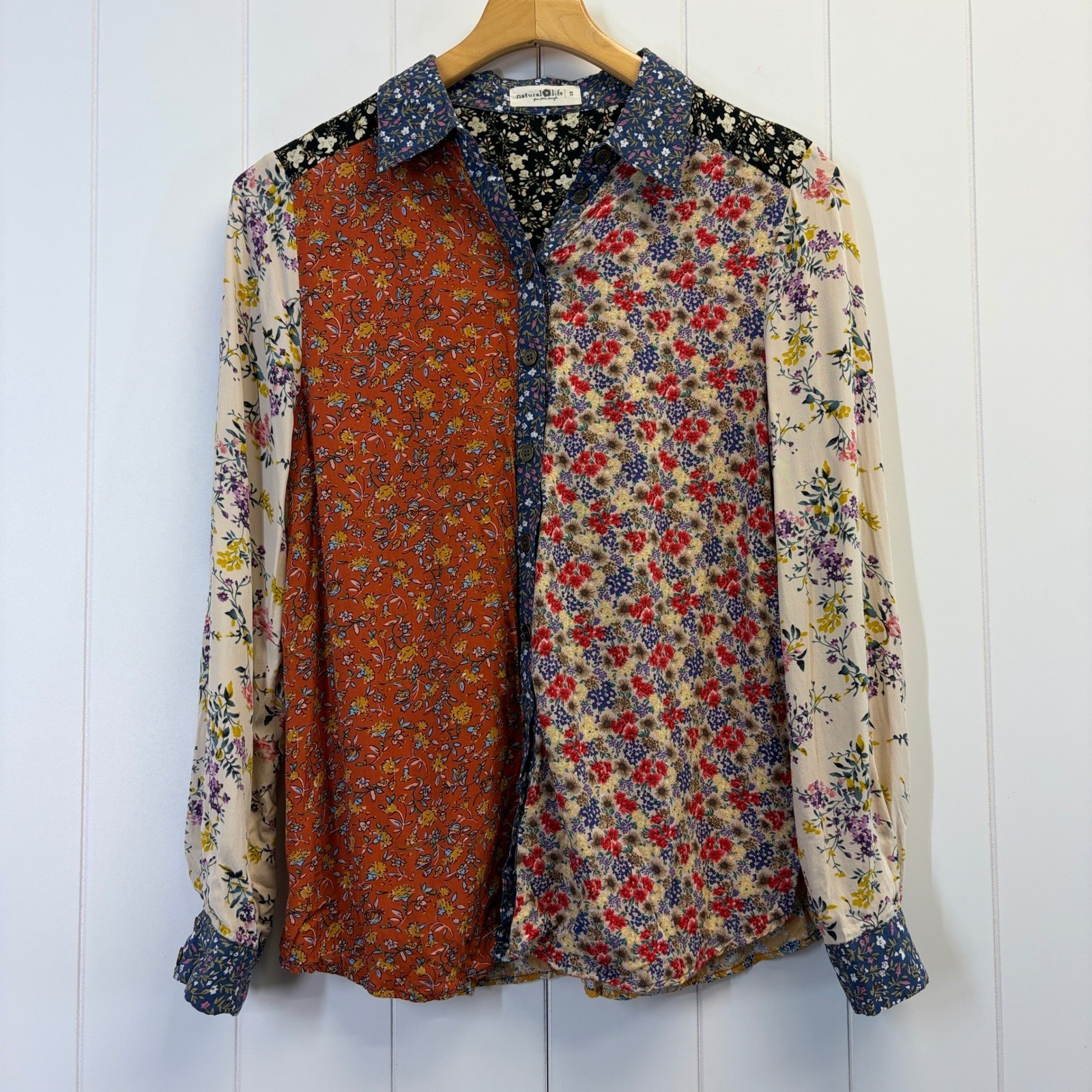 Natural Life Boho Garden Floral Patchwork Button Down Top Women Size S Cottage