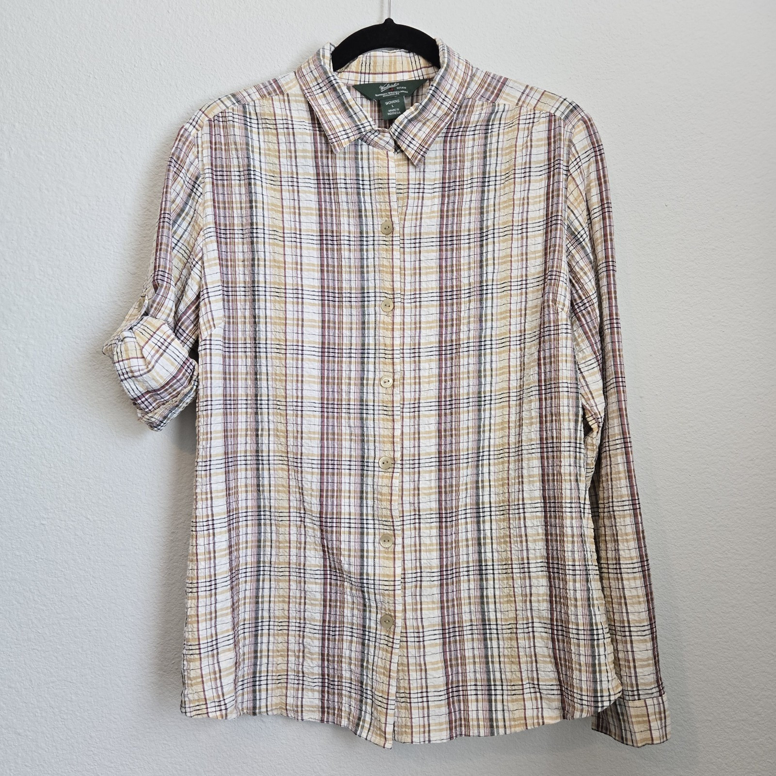 Woolrich Plaid Seersucker Convertible Sleeve Button Up Neutral Colors Size L