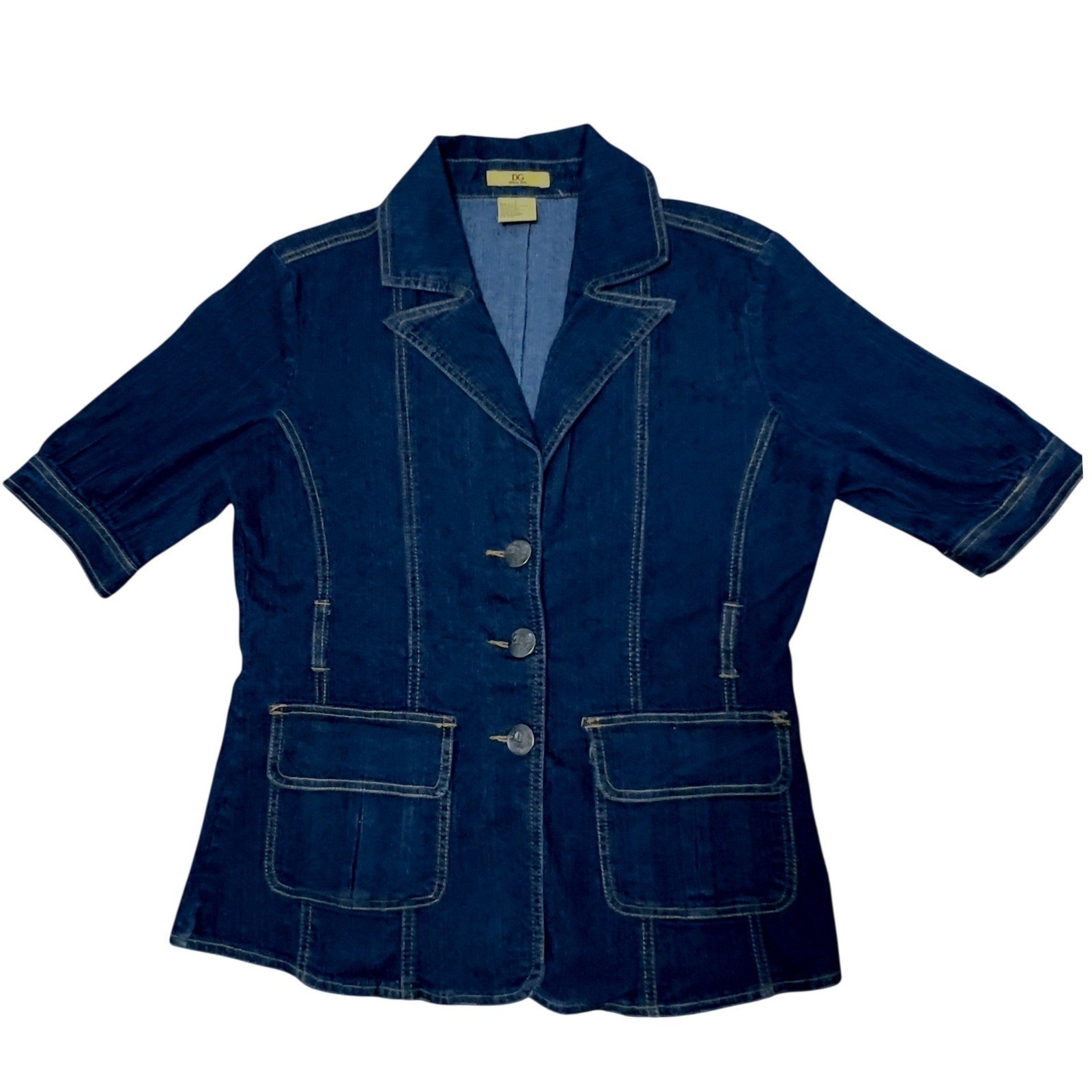 Drama Gold Denim Top Dark Wash Half Sleeve Button Front Pockets Large Casual