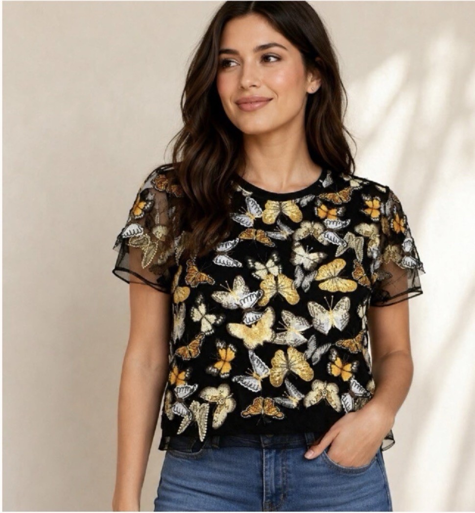 Dolan Embroidered 3D Butterfly Shirt Black And Gold Size Small