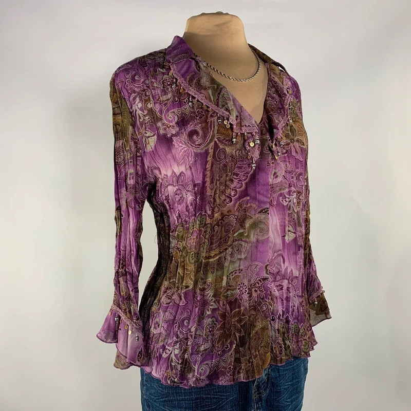 Y2K Dressbarn Purple Multicolor Accordion Paisley Sequin Lace Charms Blouse M/L