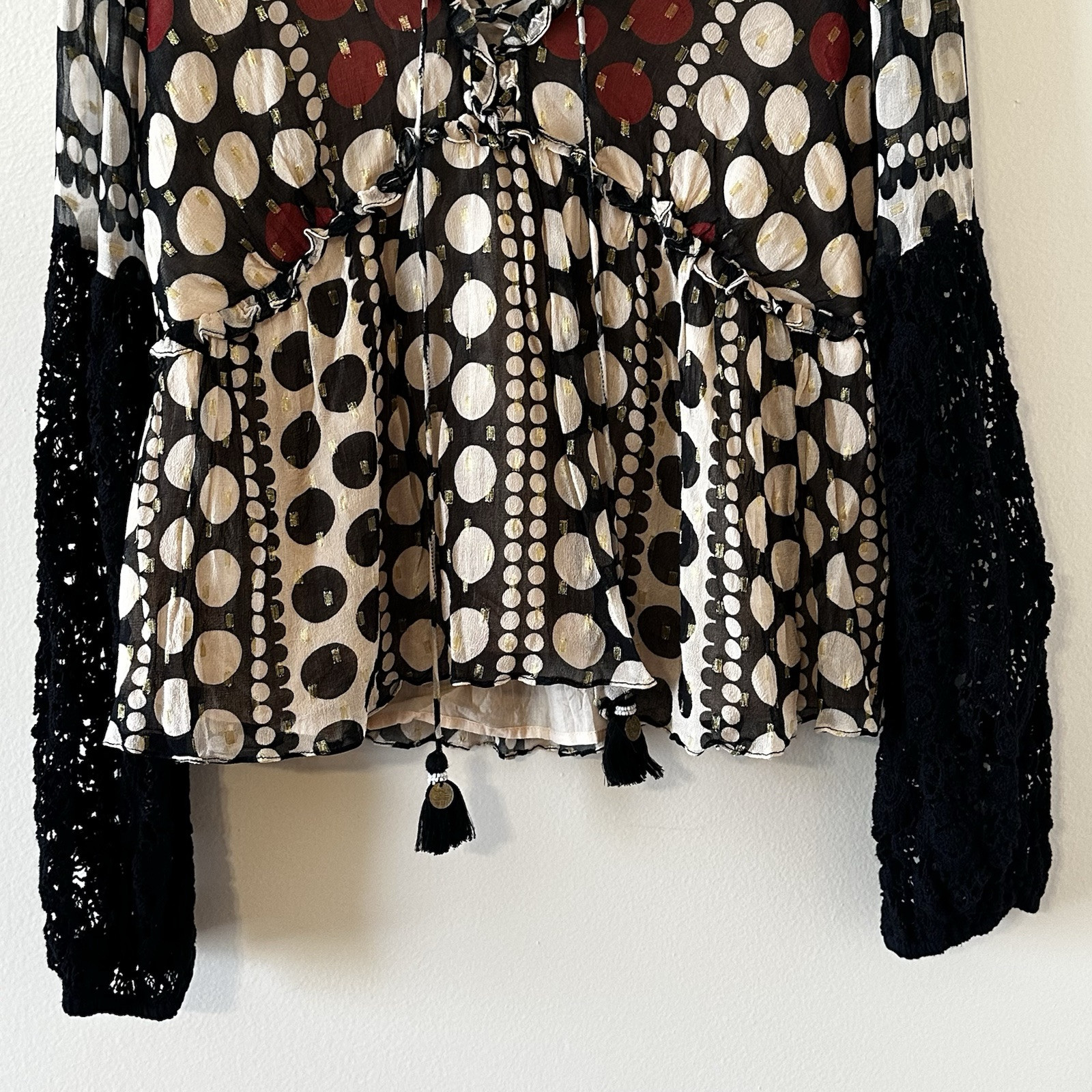Verb Pallavi Singhee Crochet Peasant Blouse Babydoll Top Polka Dot Tie Front M