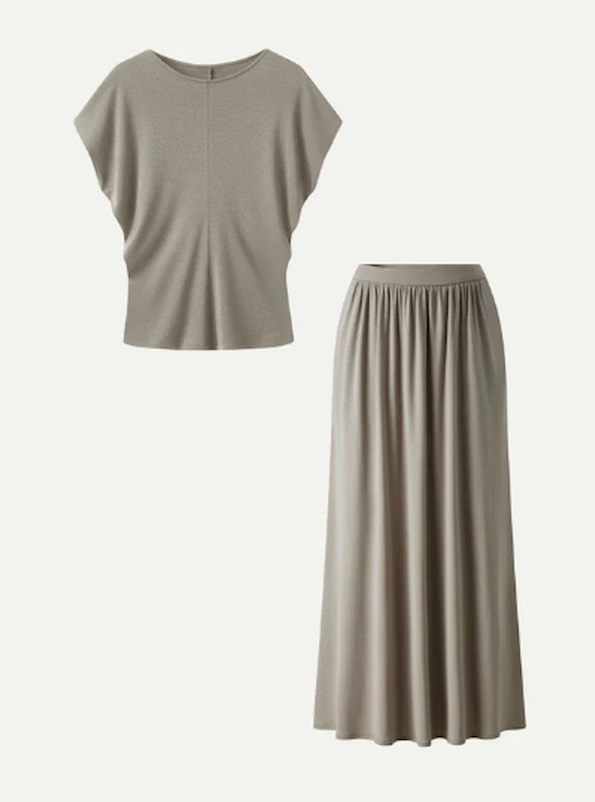 OGL 2Pcs Set Round Neck Top & A-Line Maxi Skirt