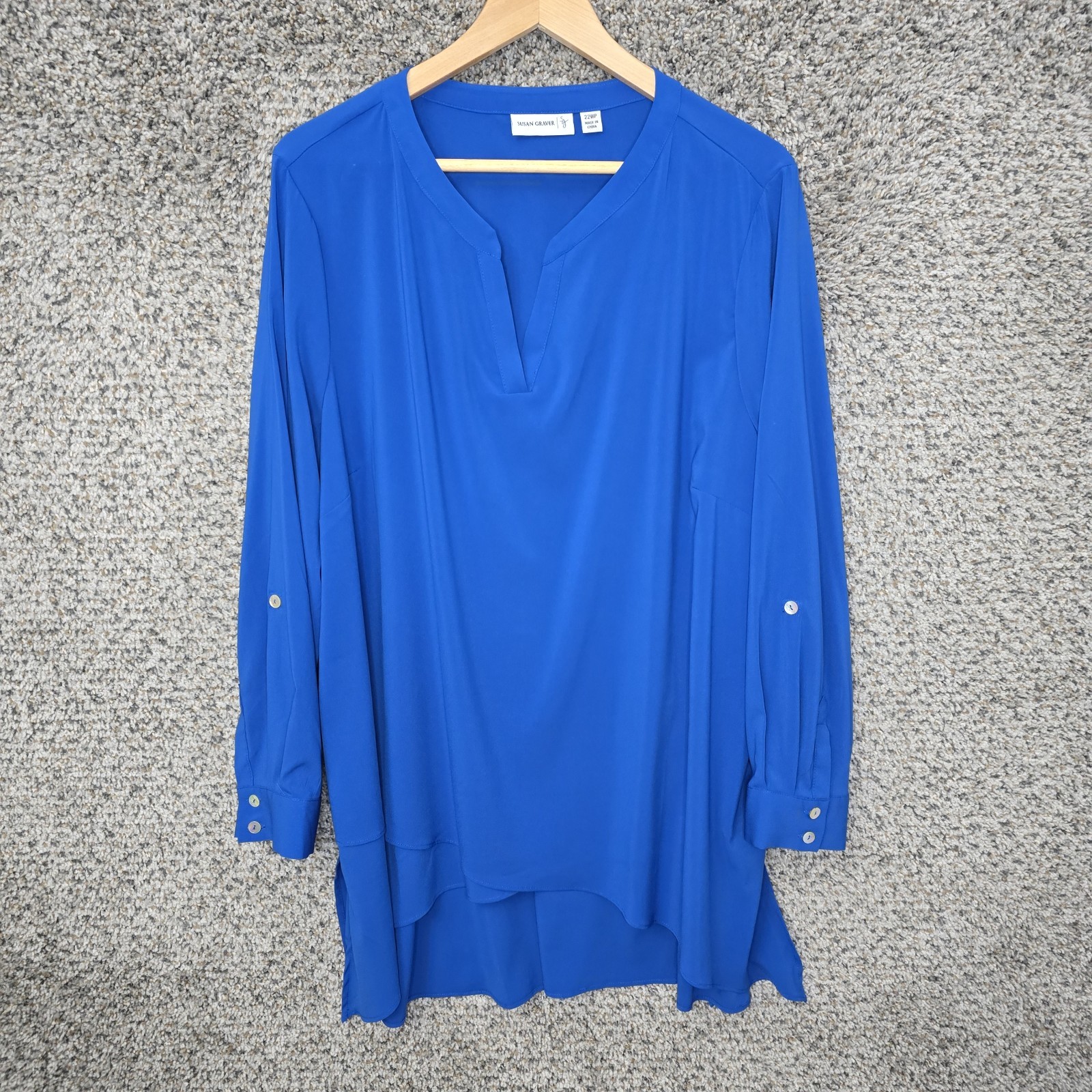 Susan Graver Top Womens Petite Plus 22WP Blue Tunic V Neck Roll Tab Sleeve