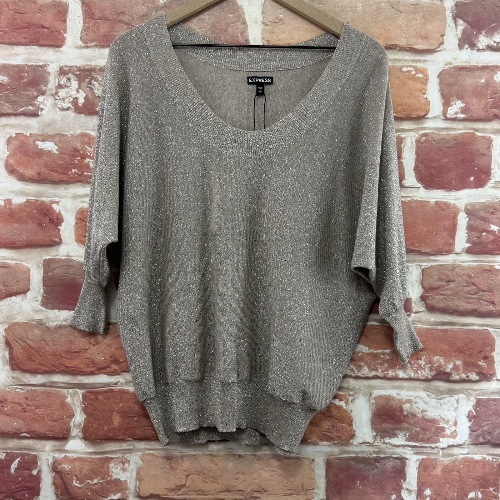 Express Top Womens S Taupe Silver Metallic Knit Dolman Sleeve Casual Shirt
