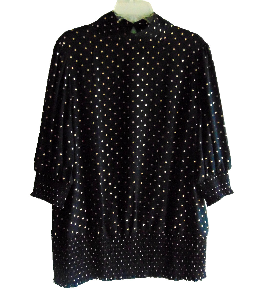 Women’s June + Vie Blouse Top 18W Black L/S Gold Polka Dot Elastic Sleeve Waist
